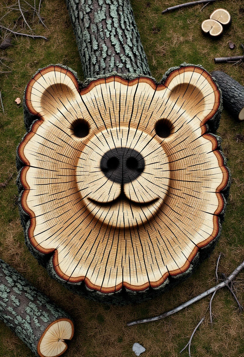 <lora:Tree_Ring_Trunkator_FLUX:0.9>
Photograph showcasing a large, stylized bear face made from the cross-section of a tree trunk.