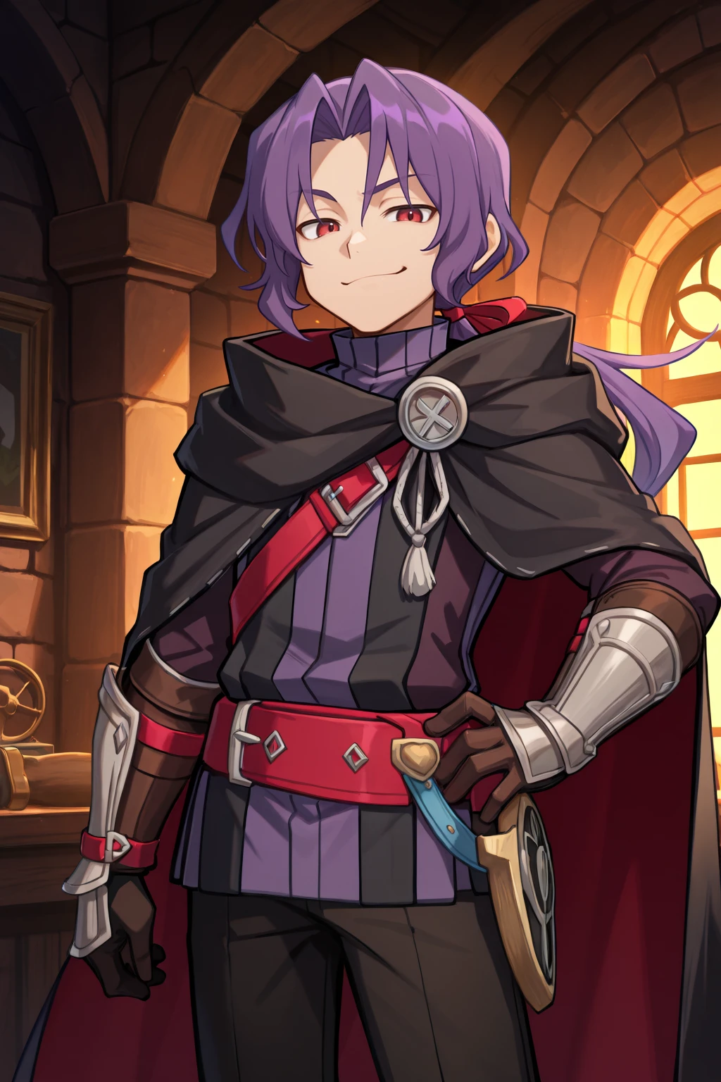 <lora:RussellIL:0.8> , rusdef, 1boy, red eyes, purple hair, long hair, ponytail, low ponytail, hair ribbon, black cloak, cape, striped tunic, tunic, belt, black pants, gauntlets, looking at viewer, (cowboy shot), hand on hip, sassy, smug, interior, ramparts, castle masterpiece, very aesthetic, absurdres, best quality, amazing quality, high resolution, <lora:illustrious_quality_modifiers_masterpieces_v1:0.8> , <lora:ChamIllustriousBackgroundEnhancer:0.5>, solo,