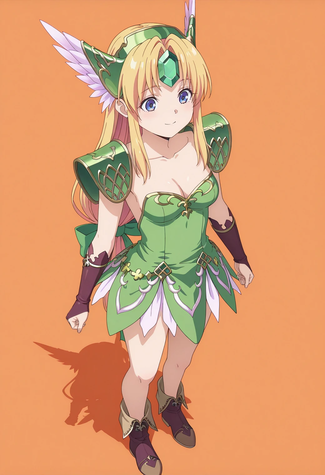 masterpiece, best quality, amazing quality, anime screencap, anime coloring,  1girl,   <lora:DX888AngelaRiesz:1> riesz, blonde hair, very long hair, blue eyes,
winged helmet, forehead jewel, low-tied long hair, green dress, shoulder armor, bridal gauntlets, boots, smile BREAK (simple background:1.2),   pastel background, from above, orange  background BREAK standing, balancing, dynamic pose