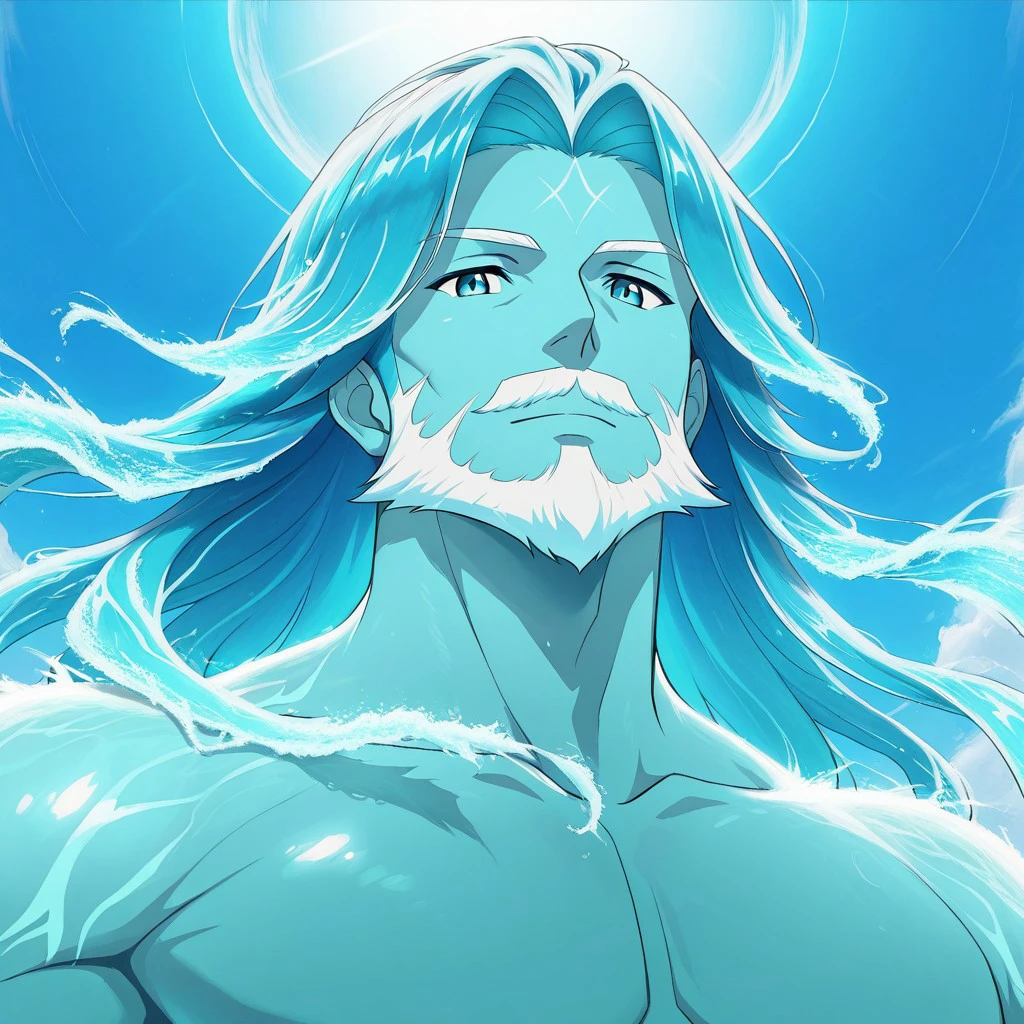 masterpiece, best quality, newest, absurdres, highres, anime, anime style, 1boy, WaterElemental-IL.V1.0, Livingwave-IL.V1.0, water hair, beard, facil hair, long hair, translucent, transparent, translucent body, transparent body,