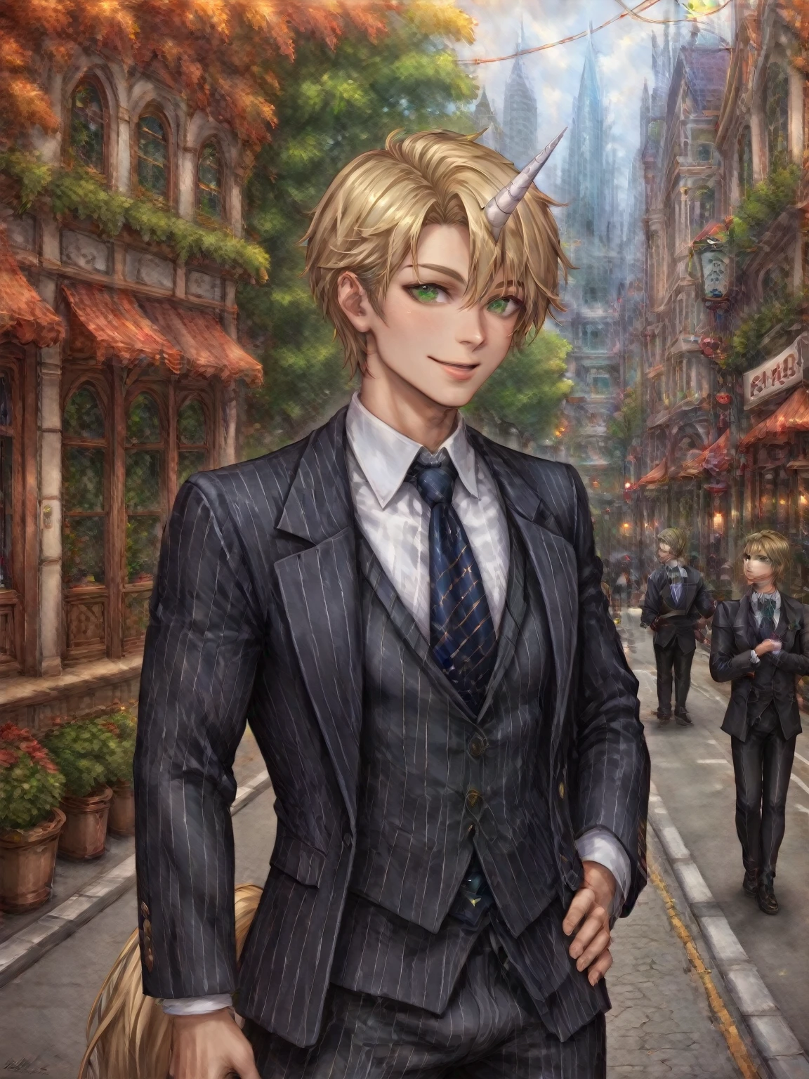 score_9, score_8_up, score_7_up, score_6_up, cindstyle, upper body, (hips:1.5), 1boy, formal, suit, blonde hair, green eyes, happy, horn, unicorn horn, horse tail, outdoors, street, sidewalk, city, hand on hip, hand on own hips, looking at viewer, (portrait), detailed background, Hyperdetailed, Extreme Detail, 4K Resolution, Masterpiece, Best Quality <lora:Cinders_Visual_Novel_Style_-_RealmRabbit-000029:1.1>