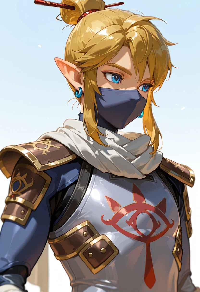 masterpiece, best quality,absurdres, ultra-detailed, high resolution,

link, solo, 1boy, jewelry, male focus, mask, earrings, mouth mask, hair ornament, single hair bun, scarf, hair stick, hair bun, upper body, armor