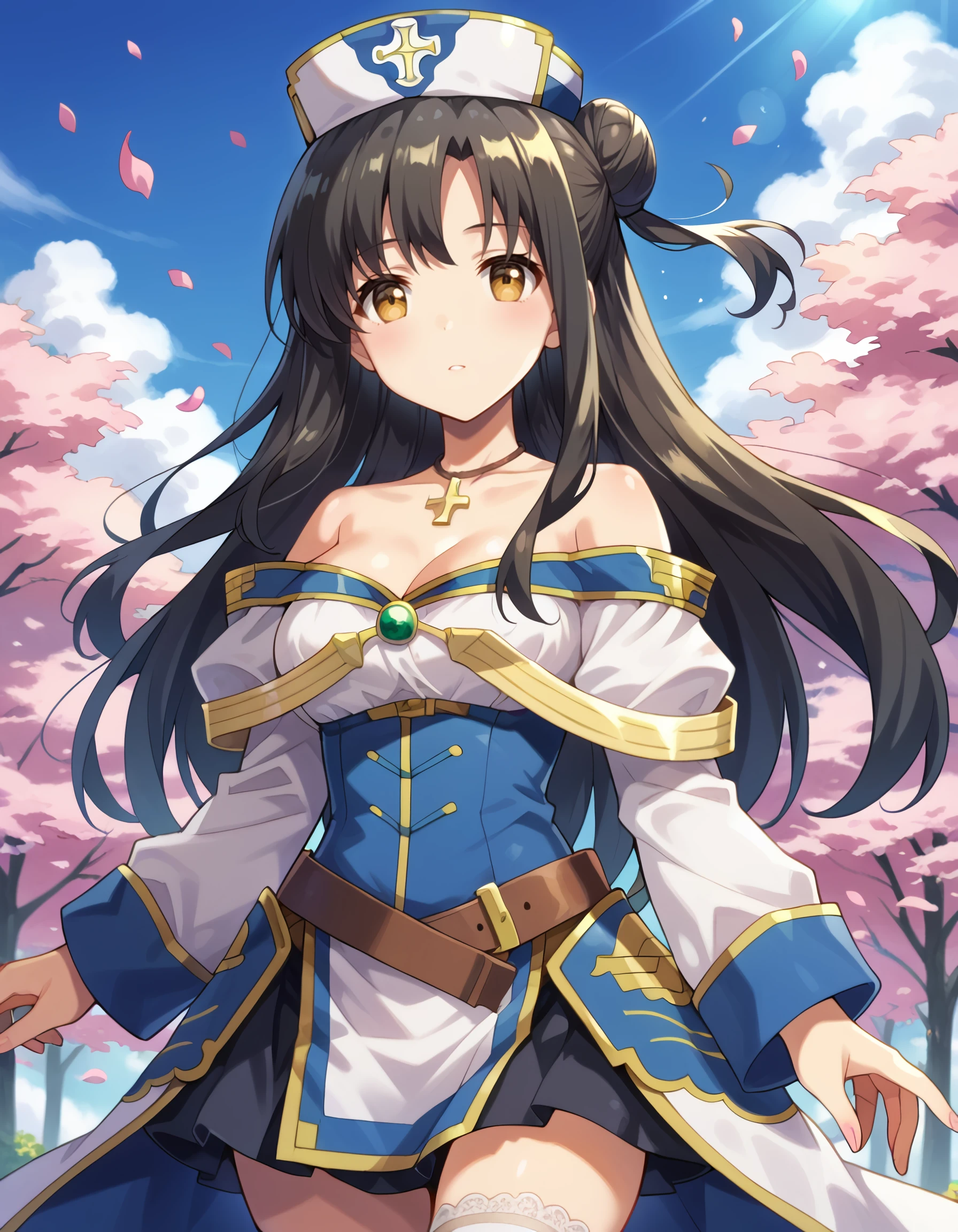 score_9, score_8_up, score_7_up,source_anime, <lora:Arifureta_Shokugyou_de_Sekai_Saikyou_-_ kaori_shirasaki:1> score_9, score_8_up, score_7_up,source_anime, rating:safe, kaori_shirasaki, long_hair, black_hair, hat, brown_eyes, yellow_eyes, jewelry, necklace, long_sleeves, off_shoulder, robe, cross lens_flare, floating_hair, floating_clothes,, (kujou_karasuma:1.2), (1970s_\(style\)), 1girl, bare_shoulders, blue_sky, blush, breasts, cleavage, cloud, collarbone, cowboy_shot, falling_petals, flower, lace-trimmed_thighhighs, looking_at_viewer, medium_breasts, petals, pink_flower, pink_petals, rainbow, single_side_bun, sky, solo, strapless, thighhighs, white_thighhighs, zettai_ryouiki, masterpiece, detailed, best_quality