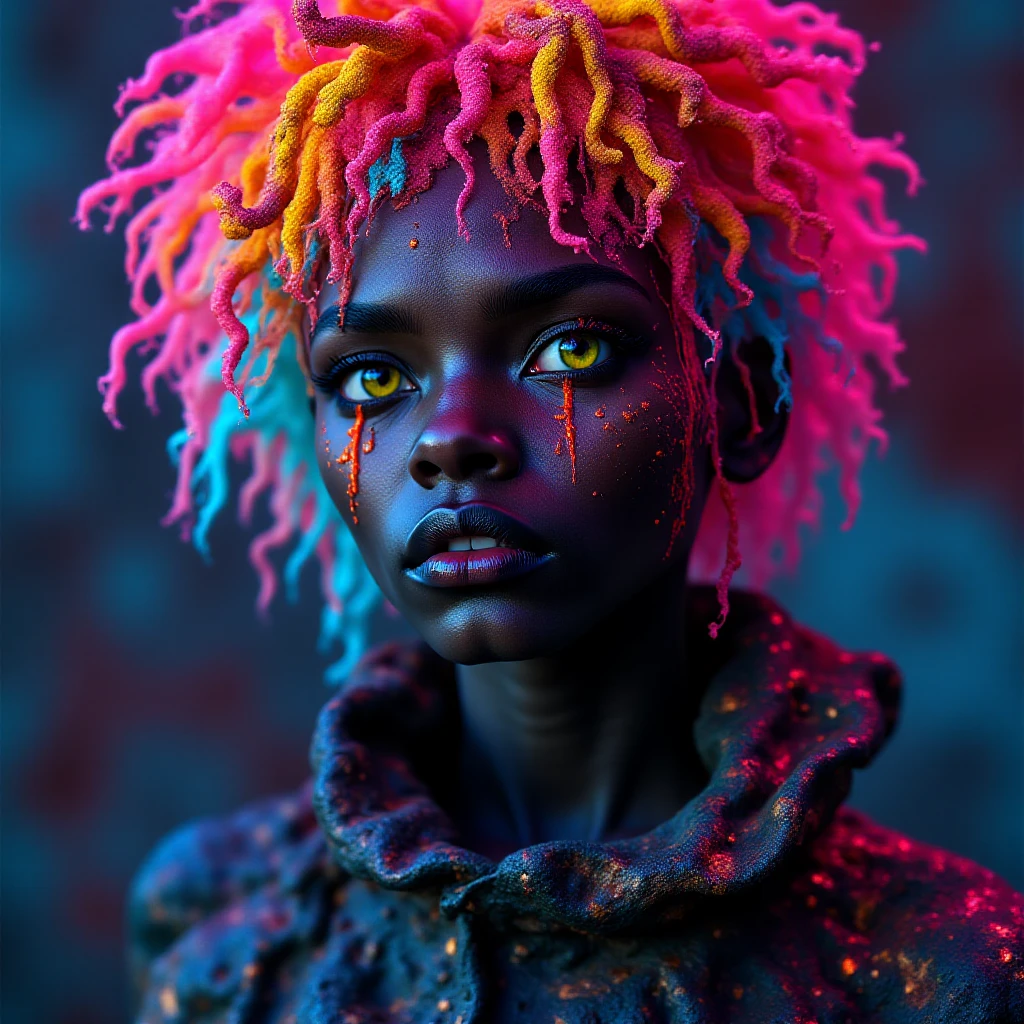 A black male person with artistic slimy face paint and neon hair. w3p0rtra1t. <lora:Weird_Portraits-000017:1.5>