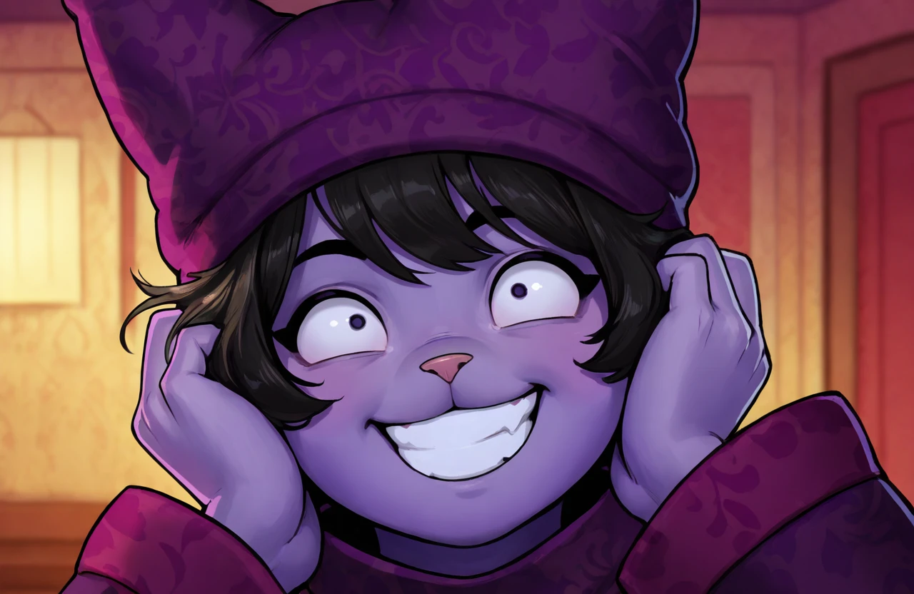 masterpiece, high quality, best quality, newest, chwdr, 1boy, black hair, portrait, indoors, animal nose, floral print, purple skin, hands on own face, grin, beanie, purple coat, dot pupils   <lora:ChowderNEWIlluV1:1>