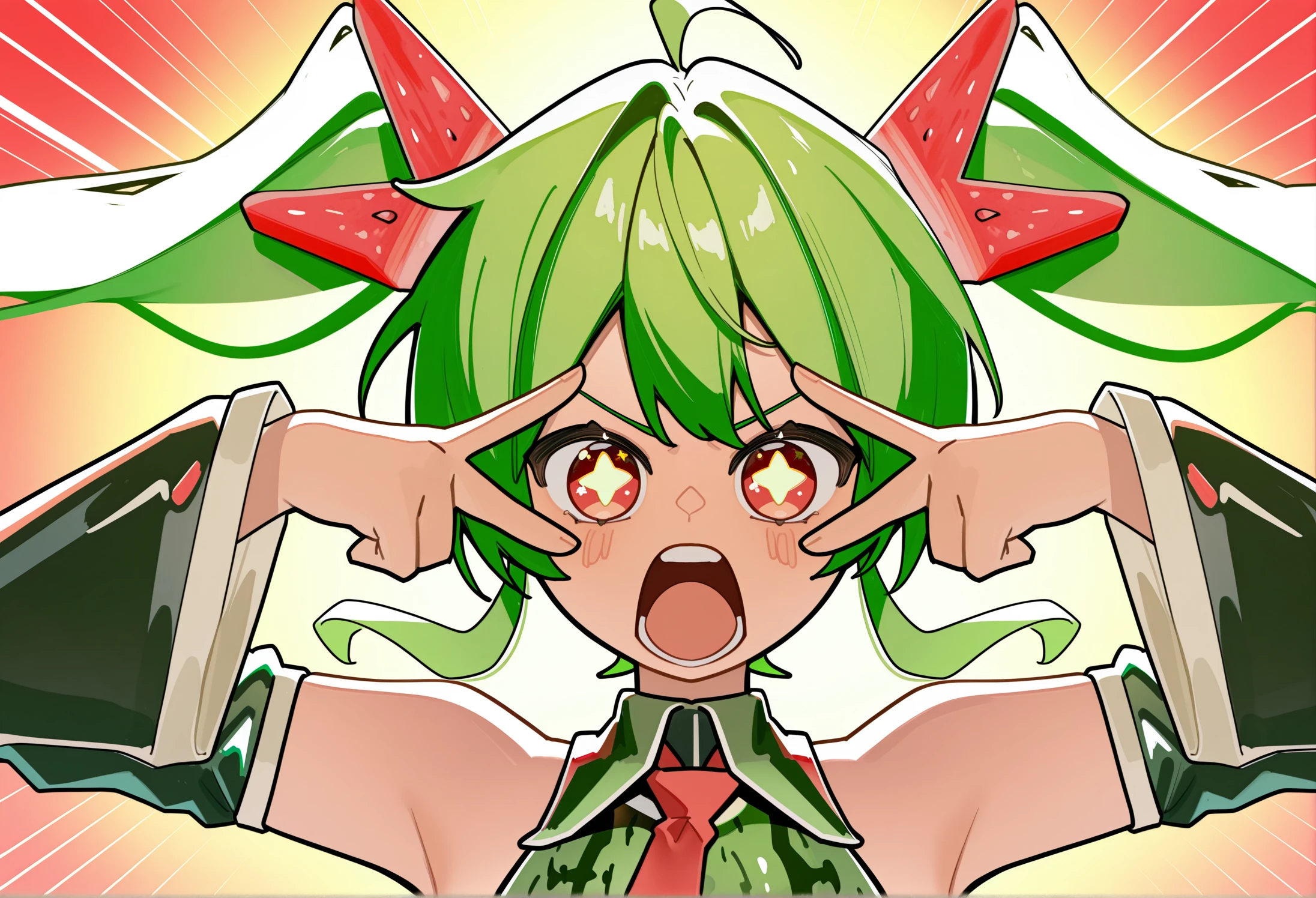 hatsune miku, 1girl, solo, hmwatermelon, 
green hair, detached sleeves, twintails, sidelocks, red eyes, necktie, green leotard, bare shoulders, wide sleeves, sleeves past wrists, watermelon hair ornament, print leotard, 
mikumikubeam, v over eye, double v, star-shaped pupils, v-shaped eyebrows, parody, (emphasis lines:1.3), (sparkling eyes:1.05), (backlighting:0.9), shouting, facing viewer, (wind:1.2), (close-up:0.85),
,yellow red background, gradient background, 
safe, newset, 
eitmksg,
masterpiece,best quality,newest,absurdres,highres,very awa, <lora:Hatsune_Miku_-_Magical_Cure_Love_Shot:1.0> <lora:miku_watermelon:1.0> <lora:eitmksg:1.0>