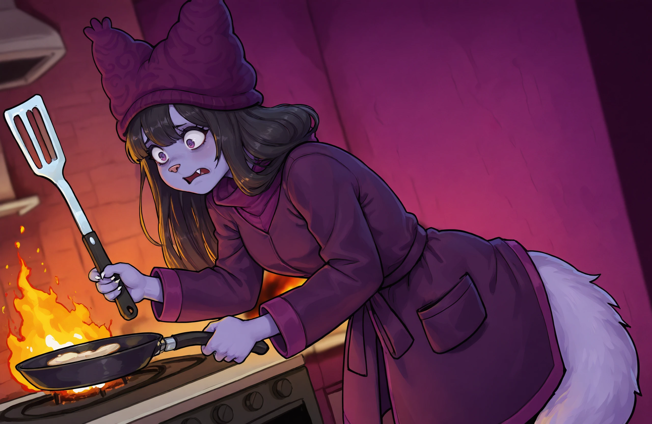 masterpiece, high quality, best quality, newest, chwdr, 1girl, solo, purple skin, beanie, skinny, purple coat, tail, fang, black hair, animal nose, purple eyes, kitchen, spatula, frying pan, confused, burning room, panicking, <lora:ChowderNEWIlluV1:1.5>