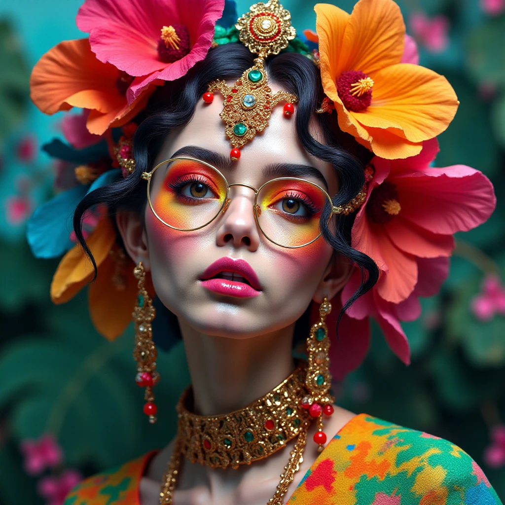 A portrait of a pale black asian person with make-up, face paint, flowers, flowers in the hair, freckles, glasses, jewellery in the hair, lots of jewellery, neon colors, neon face paint, neon hair, special eyes, special hair, special neon hair and special skin. w3p0rtra1t <lora:Weird_Portraits-000017:1.5>