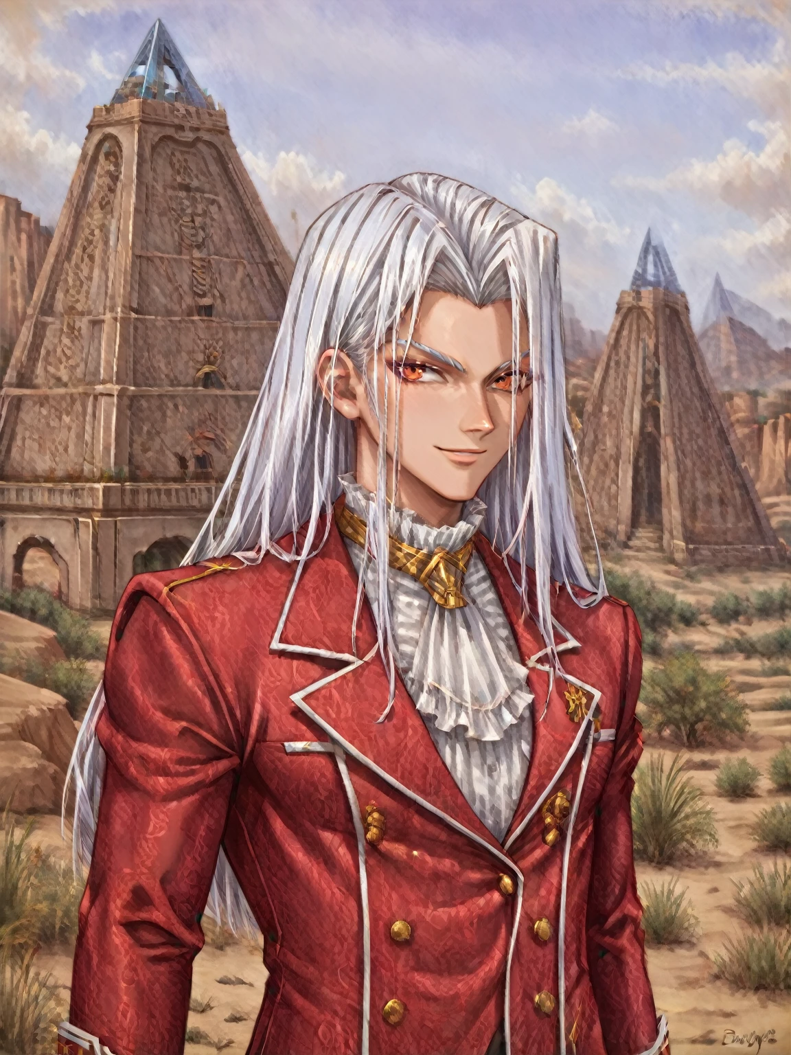 score_9, score_8_up, score_7_up, score_6_up, cindstyle, upper body, solo, (hips:1.5), mpeg_ygo, 1boy, long hair, white hair, suit, red suit, millenium eye, light smile, desert, pyramid, (portrait), detailed background, Hyperdetailed, Extreme Detail, 4K Resolution, Masterpiece, Best Quality <lora:Cinders_Visual_Novel_Style_-_RealmRabbit-000029:0.9> <lora:Maximillion_Pegasus_Yu-Gi-Oh:0.8>