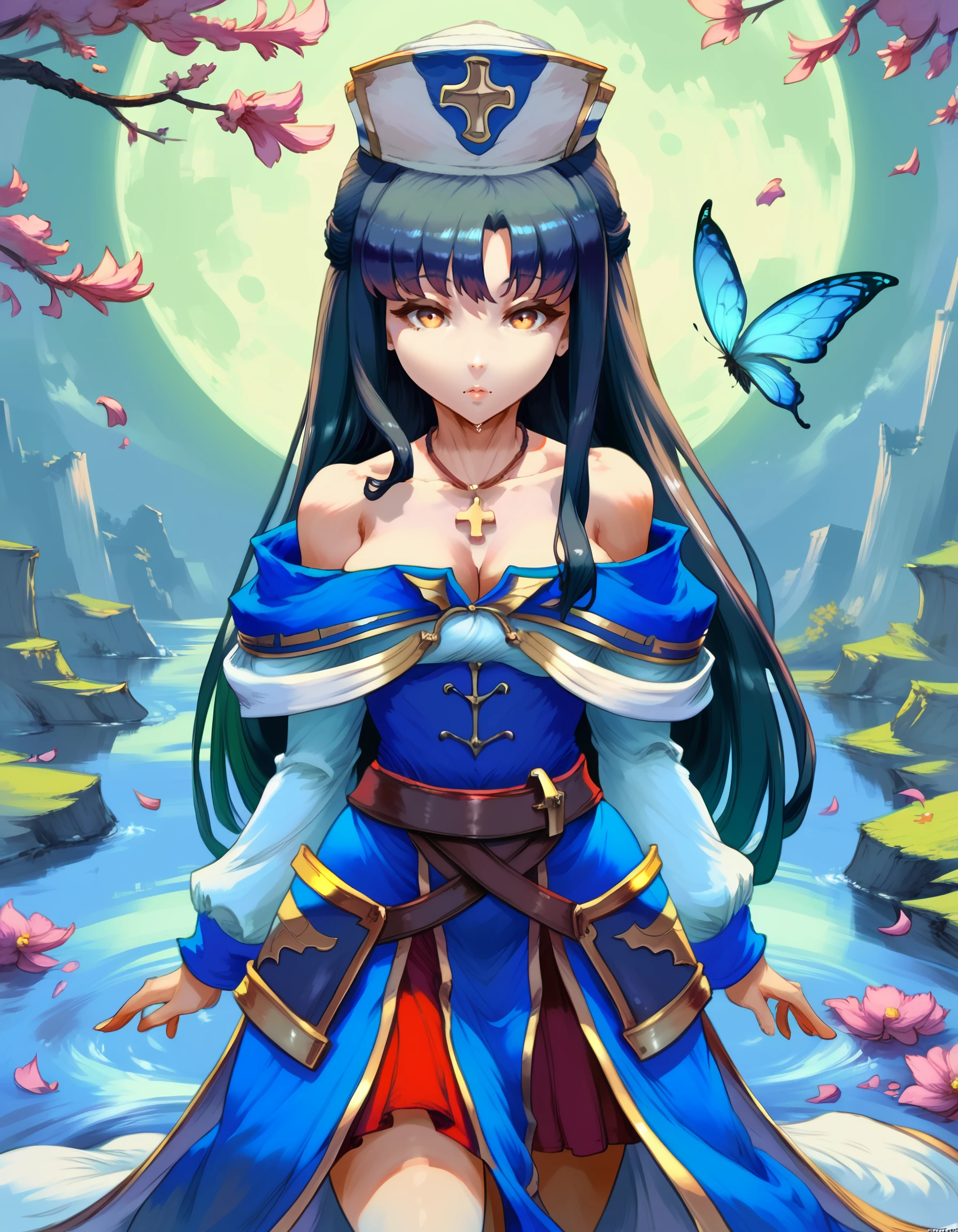 score_9, score_8_up, score_7_up,source_anime, <lora:Arifureta_Shokugyou_de_Sekai_Saikyou_-_ kaori_shirasaki:1> score_9, score_8_up, score_7_up,source_anime, rating:safe, kaori_shirasaki, long_hair, black_hair, hat, brown_eyes, yellow_eyes, jewelry, necklace, long_sleeves, off_shoulder, robe, cross dark, shadow, spotlight, (cutesexyrobutts), 1girl, bug, butterfly, camellia, cherry_blossoms, flower, flower_on_liquid, ghost, glowing, glowing_petals, hitodama, moon, petals, petals_on_liquid, red_flower, reflection, solo, triangular_headpiece, water,  masterpiece, detailed, best_quality