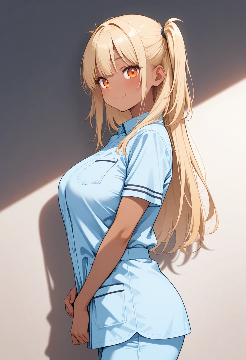 masterpiece,best quality,amazing quality, very aesthetic, ((outlined outlined vector graphics)), cute face, (glow eyes:0.8), side view , looking at viewer, cowboy shot,
1girl,20yo,
18yo, large breast, orange eyes, (blonde hair:1.3),long hair, (two side up:1.1), (dark skin:1.6), dark skin girl, (tall:1.2), (abs:0.7),bangs
,
blue clothes, (focus female), smile, solo, nurse, nurse-modern-uniform, shirt, pants, smile , bare head <lora:nurse-modern-il-01:1>