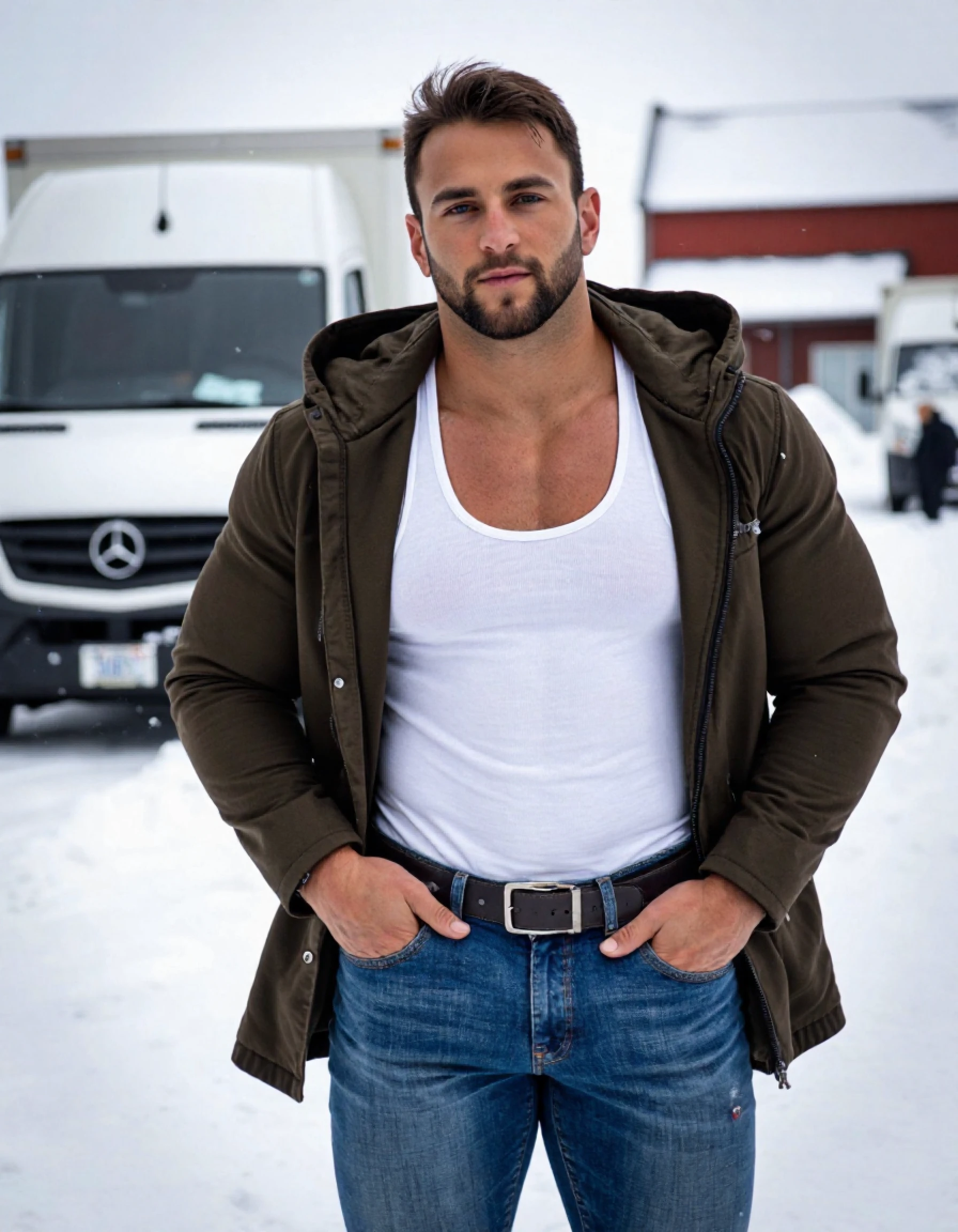 ericjanicki a man standing in the snow. he is handsome. he is muscular. he is a bodybuilder. he is wearing a white tank. he is wearing an opened winter coat. he is wearing blue jeans.  he is looking foward. he is looking straight ahead. he is modeling. it is snowing. it is a cloudy day. it is daytime. there is a truck behind him.