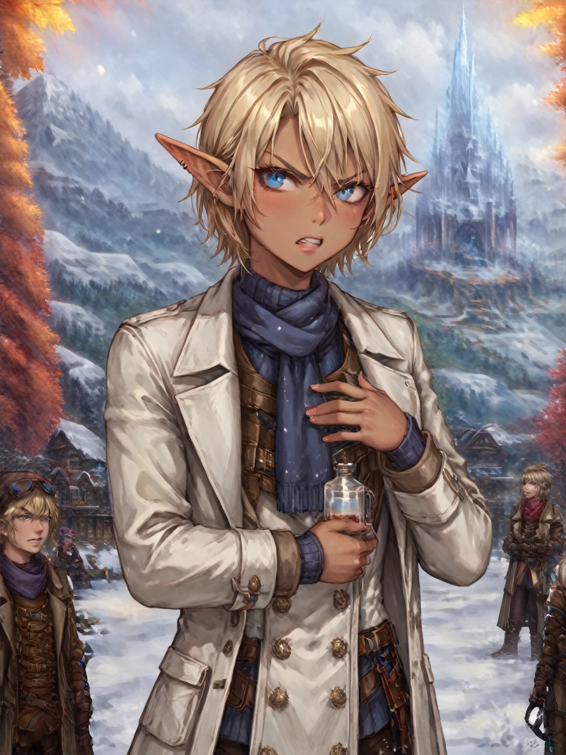 score_9, score_8_up, score_7_up, score_6_up, cindstyle, upper body, (hips:1.5), 1boy, lab coat, blonde hair, blue eyes, angry, elf, pointed ears, tanned skin, outdoors, snow, glacier, hand on own chest, from above, (portrait), detailed background, Hyperdetailed, Extreme Detail, 4K Resolution, Masterpiece, Best Quality <lora:Cinders_Visual_Novel_Style_-_RealmRabbit-000029:1.1>