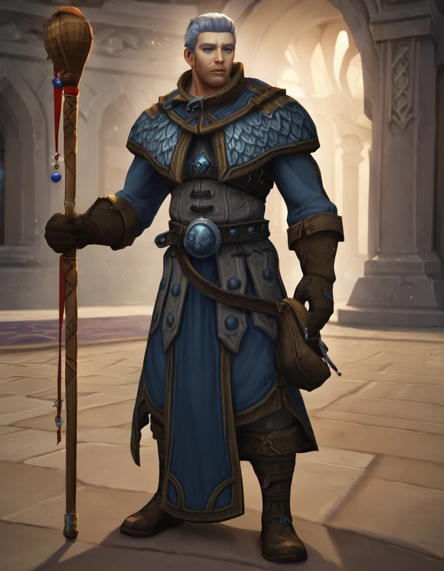 score_9, score_8_up, score_7_up, score_6_up, score_5_up, score_4, 
BREAK <lora:Archmage_Khadgar_-_World_of_Warcraft_-_Pony:0.8> wow_khadgar, mature male, grey hair, blue eyes, stubble, robe, brown gloves, belt, satchel, brown boots, holding weapon, staff