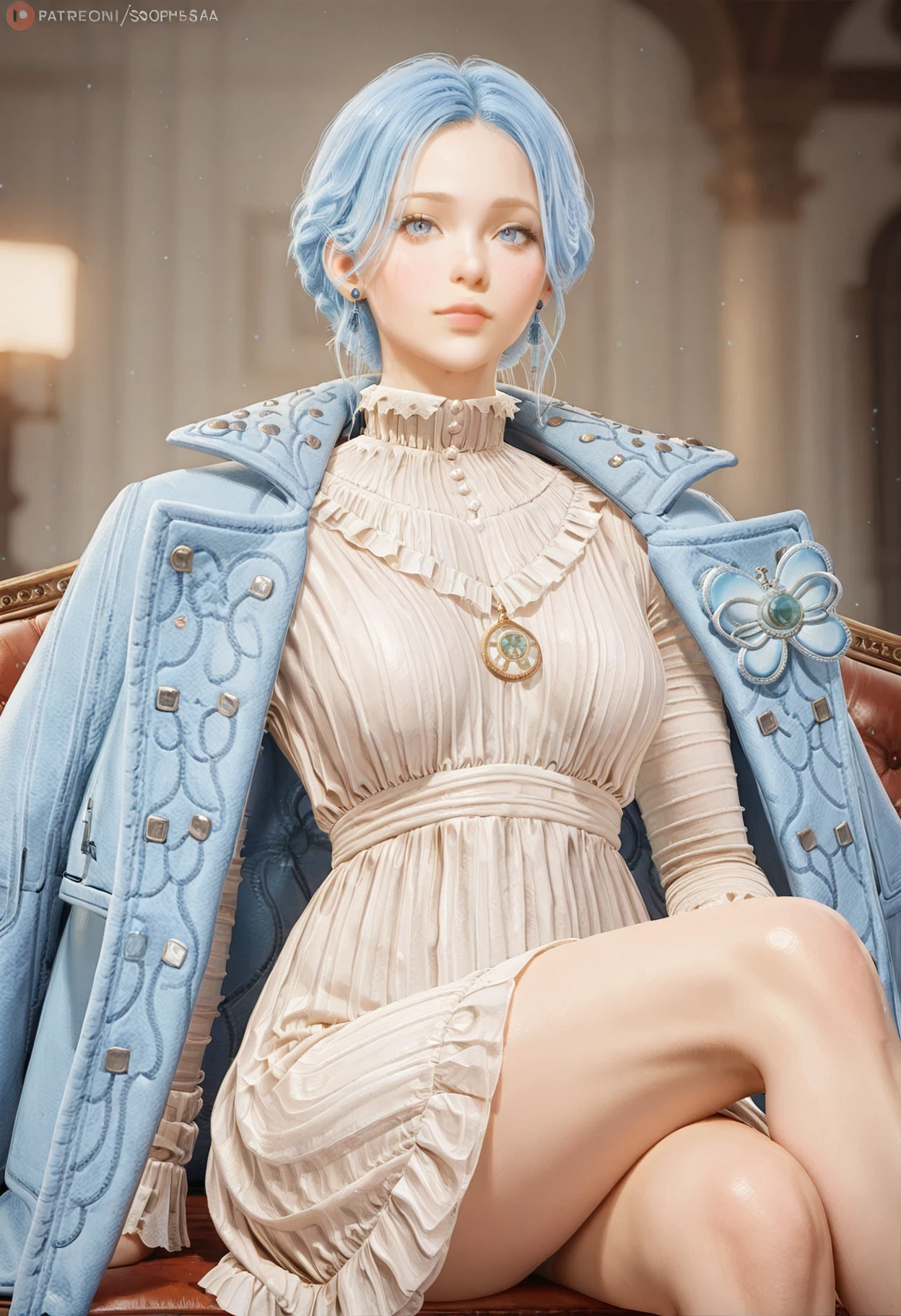 masterpiece, best quality, amazing quality, very aesthetic, absurdres, newest, 1girl, detailed face,
[[[[bartolomeobari, realistic, sakimichan]]]],
<lora:sophia_monad_liesofp_illustr:0.99> s0ph1a_m0nad, blue hair, blue eyes, blue coat, white dress, jewelry, jacket, necklace, earrings, dress, jacket on shoulders,
sitting, crossed legs, looking at viewer,