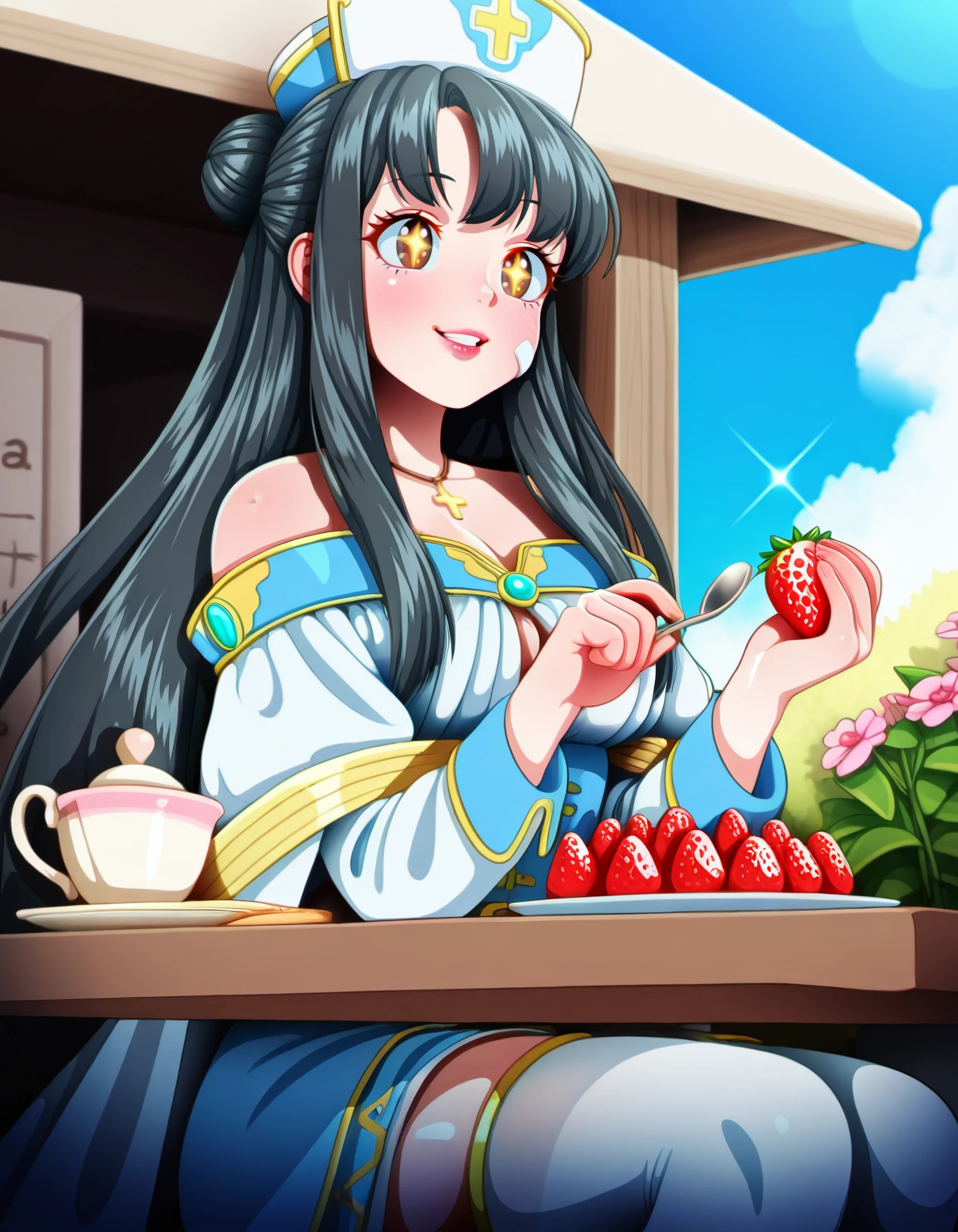 <lora:kaori_shirasaki_il:1> rating:safe, kaori_shirasaki, long_hair, black_hair, hat, brown_eyes, yellow_eyes, jewelry, necklace, long_sleeves, off_shoulder, robe, cross lens_flare, floating_hair, floating_clothes,, (neocoill:1.3), (1990s_\(style\)), 1girl, bandaid, bandaid_on_cheek, bandaid_on_face, bare_shoulders, blue_sky, blush, cafe, cake, cake_slice, cleavage_cutout, clothing_cutout, cloud, cowboy_shot, cup, day, eyelashes, flower, food, fox_shadow_puppet, fruit, heart, holding, holding_food, holding_fruit, holding_spoon, jewelry, lipstick, makeup, outdoors, parted_lips, pink_flower, plant, plate, potted_plant, red_lips, sidelocks, sign, single_side_bun, sitting, sky, sleeveless, smile, solo, sparkle, spoon, star_\(symbol\), strawberry, table, tea, teacup, teeth, thighhighs, upper_teeth_only, white_thighhighs, yume_kawaii, masterpiece, detailed, best_quality