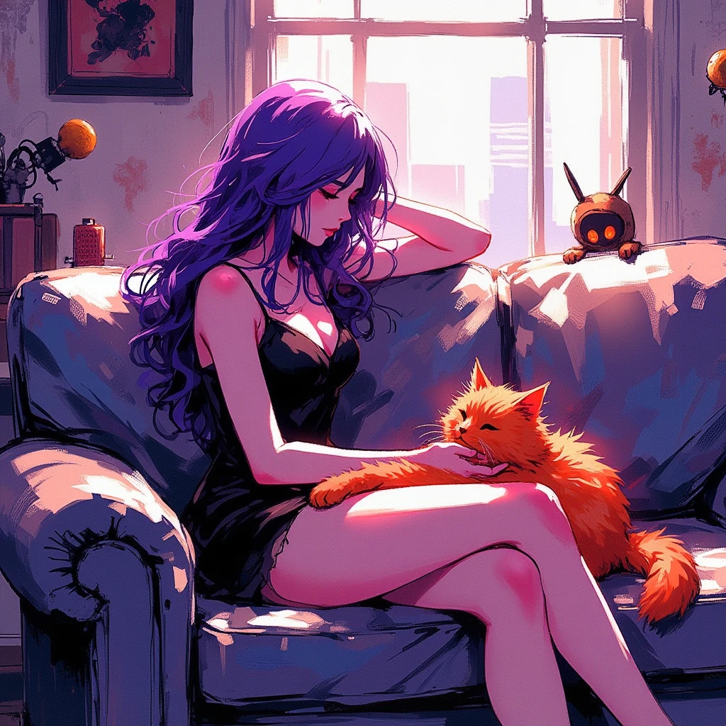 Special Ink-drawing mode, intricate linework with expressive contrasts, vibrant and muted colors blend harmoniously, era 2020s fantasy, varied fashion themes including industrial, whimsical, and ethereal, duo, bold and imaginative style, Rating SFW, a woman with long purple hair in a dress sitting gracefully on a couch with a red fluffy cat nearby, soft lighting with dynamic highlights,2D flat anime,animeniji,Mh1$AgThS2,cartoon-style