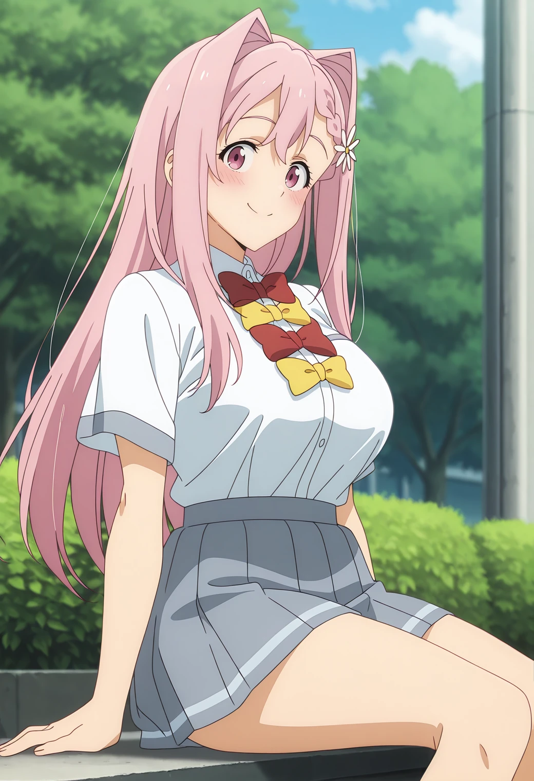1girl, 独奏, anime coloring,
long hair, pink hair, red eyes, seductive smile, small , white shirt, red bowtie, hairclip,
field, blue sky,
masterpiece, best quality, very aesthetic, absurdres,Skirt fully visible、Stripes々Panties、Pantiesl view、Skirt fully visible、Without skirt、Panties fully 、Nipples