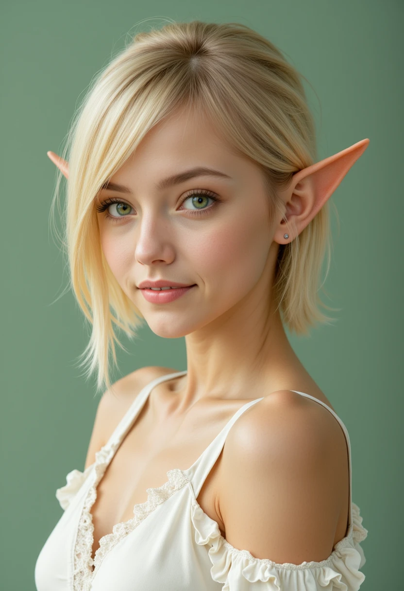 Gorgeous european woman with very short hair, short hair, wet hair, hair slicked back, combed straight back, slick hair, streaked blonde hair, seductive, pink lips, elf princess, cleavage, vintage, solid dark grey background