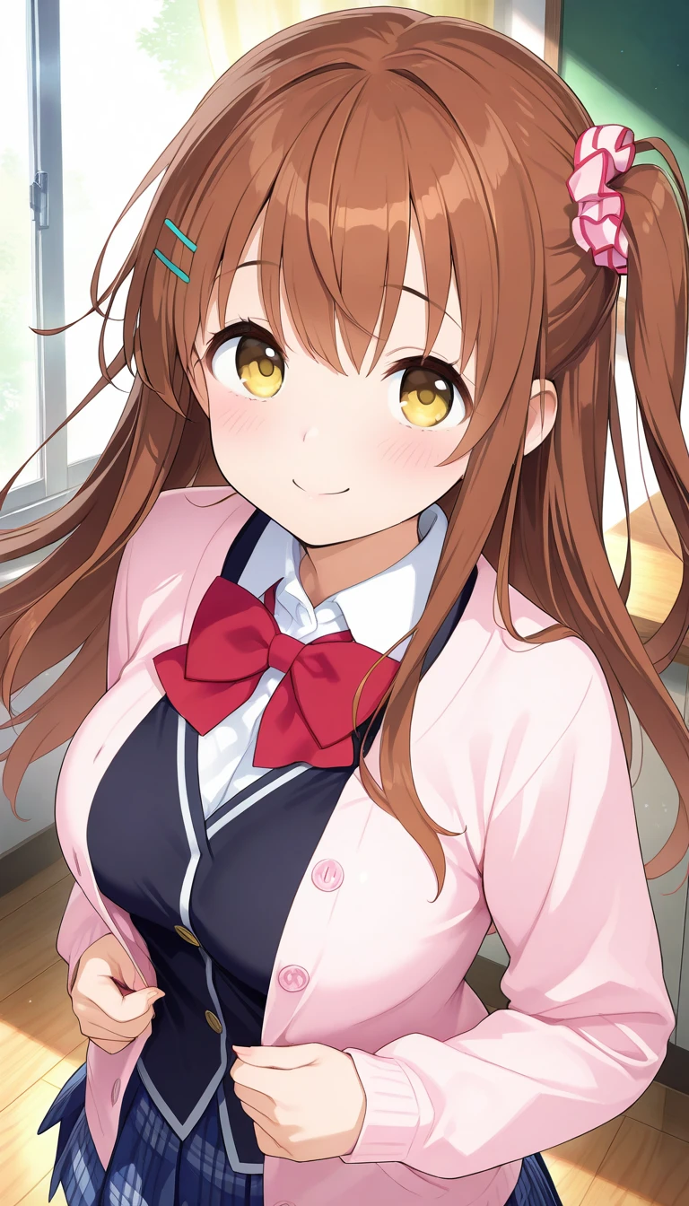 (masterpiece),best quality,amazing quality,very aesthetic,absurdres,newest,perfect body,shiny skin,perfect eyes,detail1eye,well-defined fingers,well-defined fingernails,anime style,indoors,1girl,solo,upper body,(portrait:1.5),looking at viewer,facing viewer,smile,blush,Himeno Sena,long hair,brown hair,one side up,hair scrunchie,hairclip,hair ornament,sidelocks,floating hair,bangs,yellow eyes,pink cardigan,school uniform,black vest,red bowtie,collared shirt,white shirt,long sleeves,medium breasts,skindentation,blue skirt,miniskirt,plaid skirt,pleated skirt,black pantyhose,loafers,<lora:Himeno Sena(ksak)-Illus:1.4>,