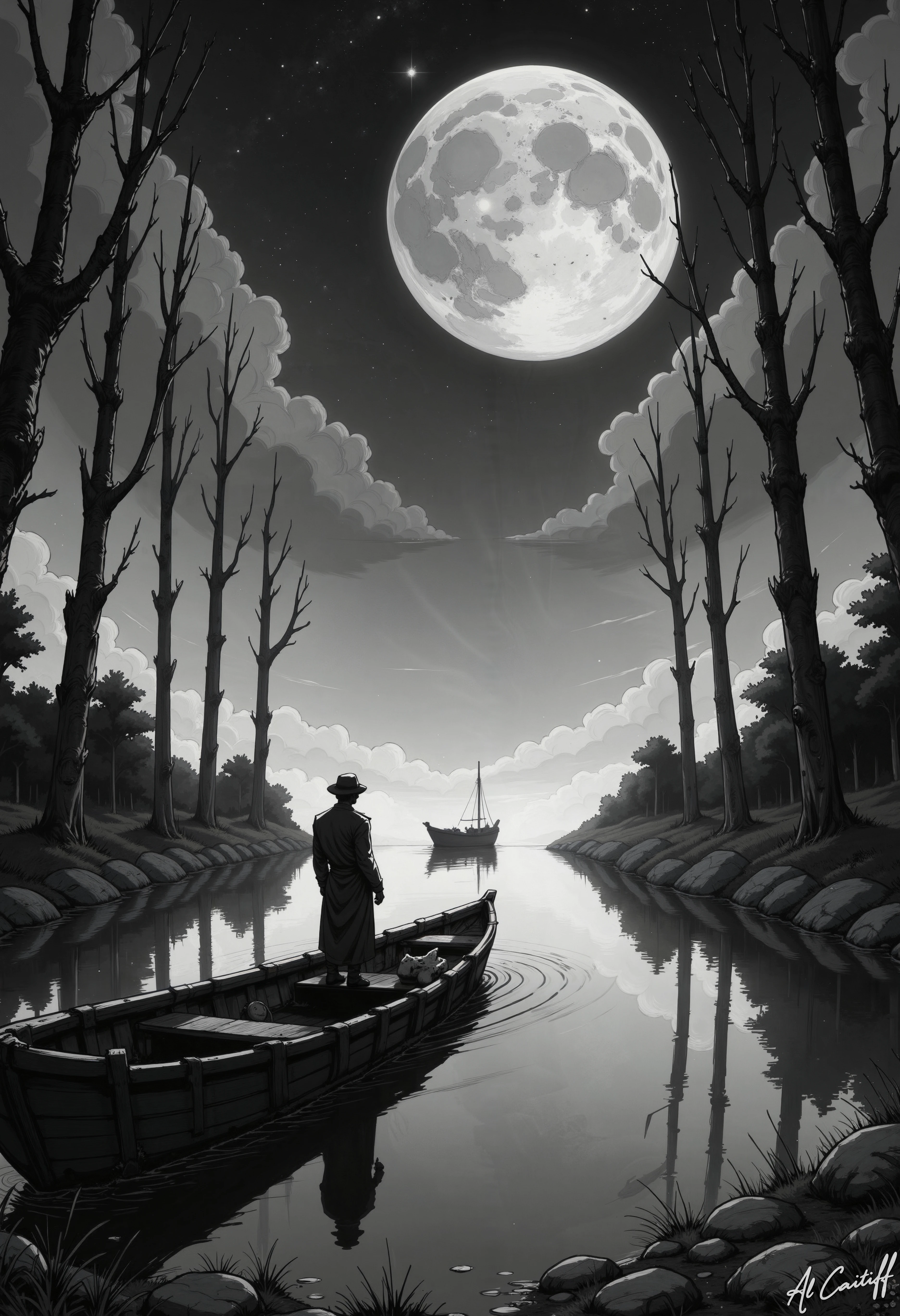 MysticComic, In the hauntingly beautiful monochromatic landscape, a majestic full moon hangs low in the sky, casting an ethereal glow on the serene waters. The silvery light dances across the ripples, creating a mesmerizing pattern of light and shadow. In the foreground, a weathered wooden boat, its hull worn by time and water, lies gently afloat on the tranquil lake. A solitary figure, shrouded in darkness, stands at the bow, gazing out into the misty distance.  The surrounding trees, their branches twisted and gnarled with age, stand like sentinels, their reflections rippling on the water's surface. The air is heavy with the scent of damp earth and decaying vegetation. In the distance, a second boat, similar to the first, glides silently across the lake, its occupants invisible in the darkness.  The style of this image is reminiscent of the romanticism of the 19th century, with its emphasis on the sublime and the mysterious. The camera angle is low, looking up at the moon and the trees, creating a sense of awe and reverence. The lighting is soft and diffused, with deep shadows that add to the sense of mystery and foreboding.<lora:CustomFlux/MysticComic-v3.safetensors:1.0:1.0>