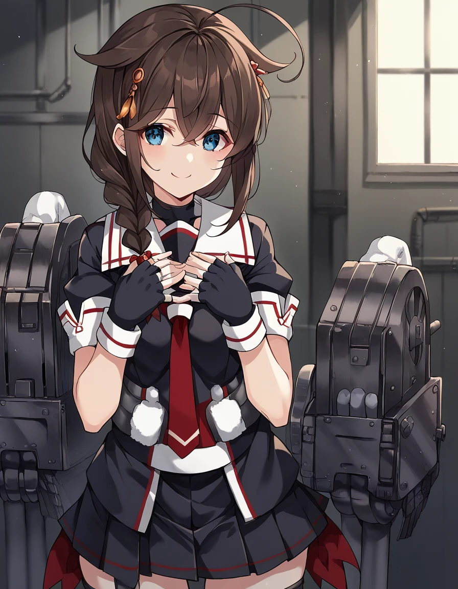 score_9, score_8_up, score_7_up, source_anime, <lora:kancolle-shigure-ingame-ponyxl-lora-nochekaiser:1>, shigure, shigure (kancolle), long hair, blue eyes, brown hair, black hair, hair ornament, braid, ahoge, single braid, hair over shoulder, hair flaps,, skirt, gloves, school uniform, pleated skirt, serafuku, fingerless gloves, necktie, red necktie, black skirt, black shirt, white sailor collar, short sleeves,, industrial, machinery, metal, large, factory, smile, hands on own chest,, looking at viewer, solo,, cowboy shot