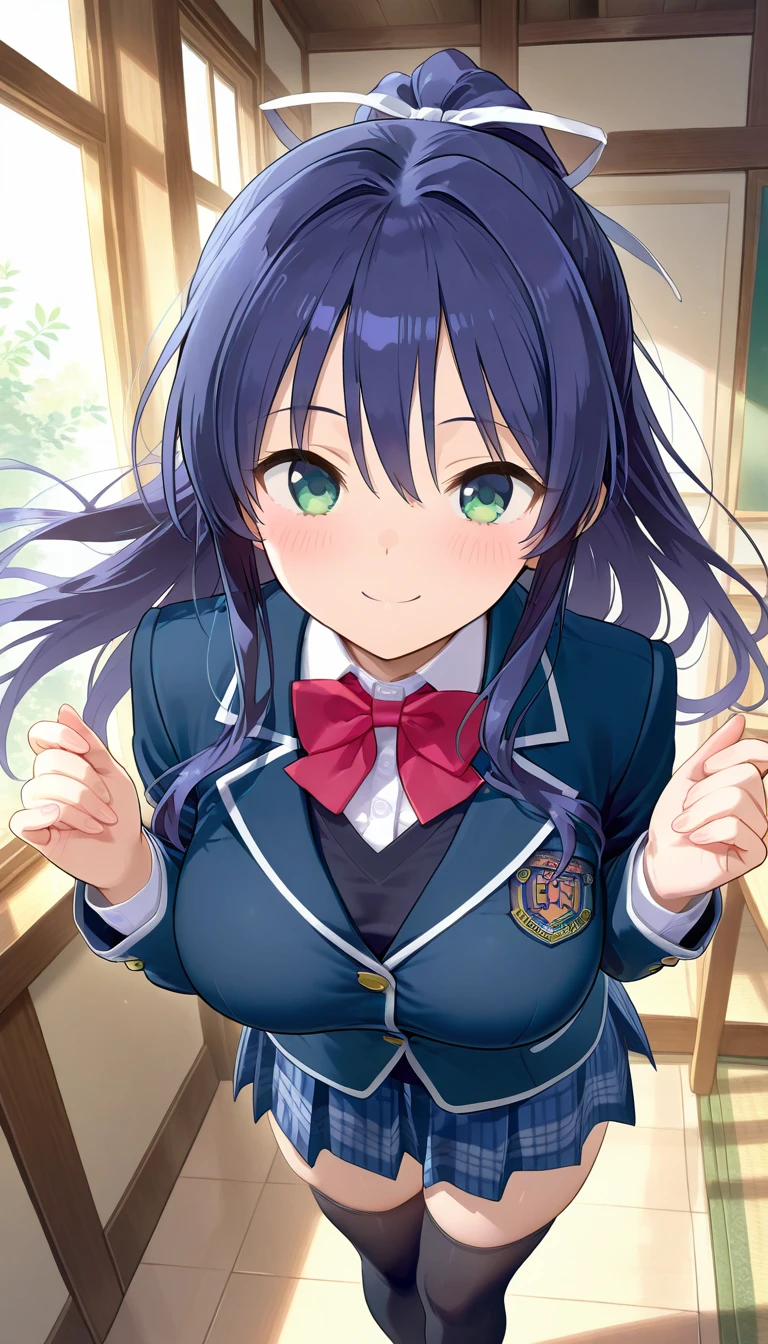 (masterpiece),best quality,amazing quality,very aesthetic,absurdres,newest,perfect body,shiny skin,perfect eyes,detail1eye,well-defined fingers,well-defined fingernails,anime style,indoors,1girl,solo,upper body,(portrait:1.5),looking at viewer,facing viewer,smile,blush,Shijou Rika,long hair,blue hair,high ponytail,floating hair,hair ribbon,white ribbon,sidelocks,hair between eyes,parted bangs,green eyes,school uniform,blazer,blue jacket,taut jacket,wing collar,red bowtie,black vest,collared shirt,white shirt,large breasts,skindentation,long sleeves,blue skirt,plaid skirt,pleated skirt,zettai ryouiki,black thighhighs,loafers,<lora:Shijou Rika(ksak)-Illus:1.4>,