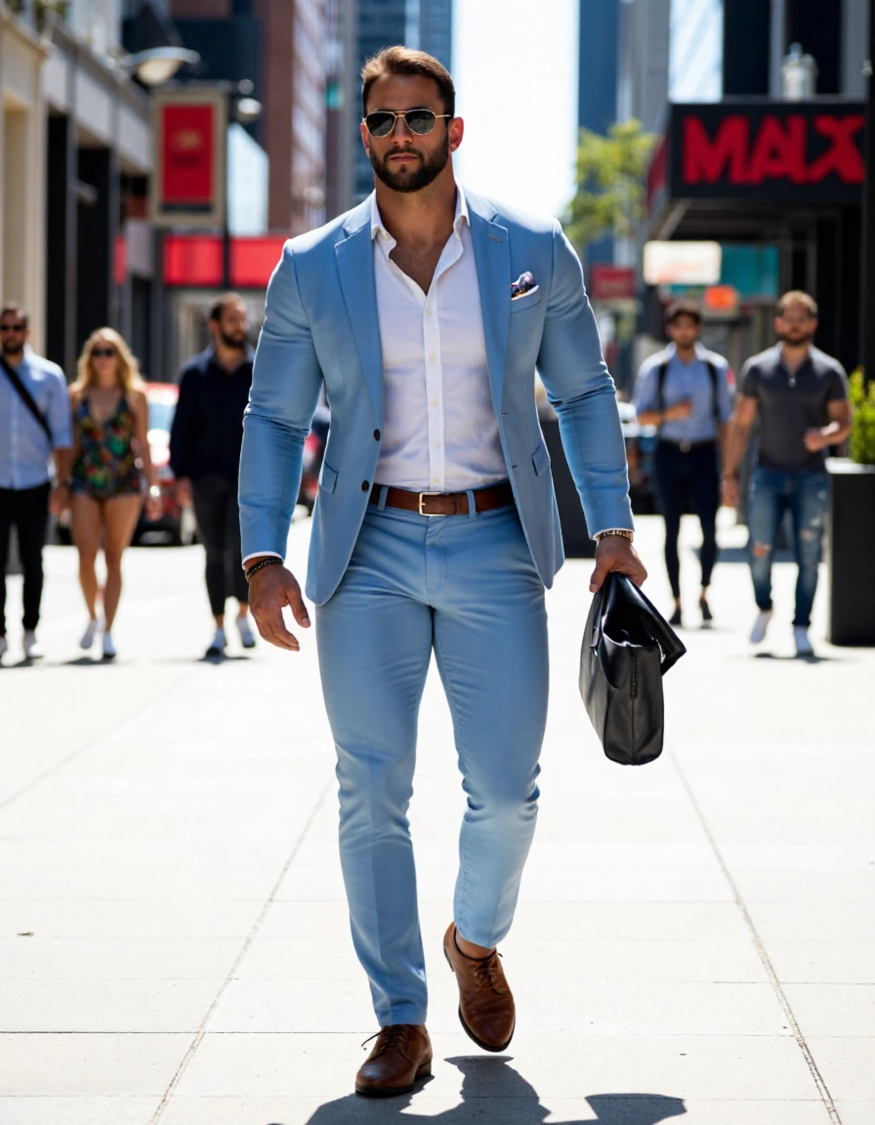 ericjanicki a man walking down a city sidewalk. he is handsome. he is muscular. he is a bodybuilder. he is wearing a whire dress shirt. he is wearing a light blue blazer. he is wearing light blue slacks. he has sunglasses on.  he is looking foward. he is looking straight ahead. he is modeling. it is daytime. there are people walking down the sidewalk.