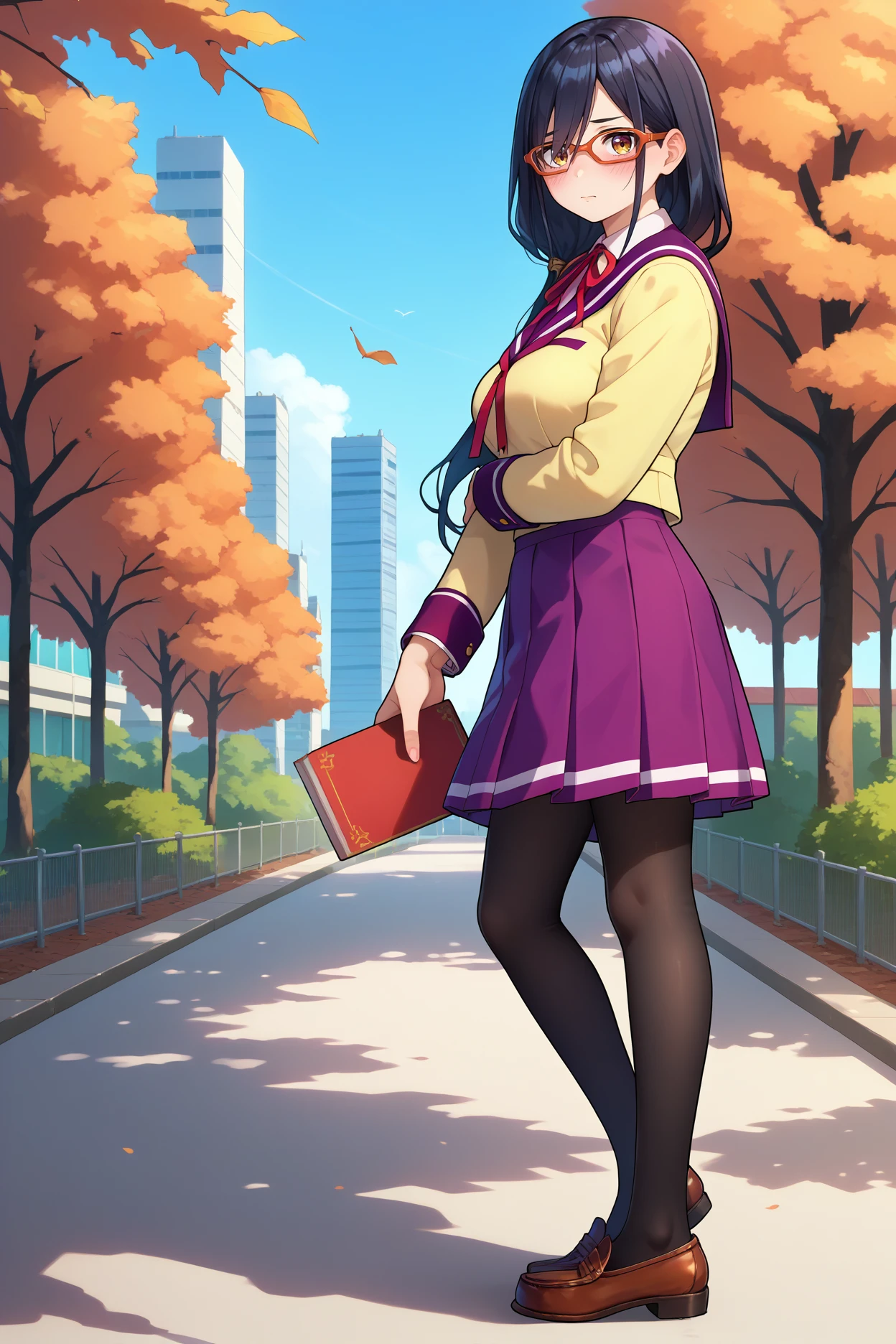 score_9, score_8_up, score_7_up, score_6_up, source_anime, 1girl, solo, <lora:kouenjimiko-pdxl-nvwls-v1-000006:1> kouenjim, black hair, hair over shoulder, long hair, glasses, red-framed eyewear, large breasts, yellow blazer, purple sailor collar, collared shirt, neck ribbon, purple skirt, black pantyhose, full body, loafers, holding book, from side, looking at you, blue sky, trees, city, blush