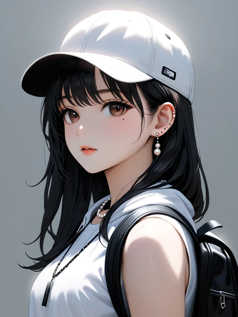 (masterpiece,best quality:1.3),ultra realistic,32k,RAW photo,(high detailed skin:1.2), 8k uhd, soft lighting, high quality, film grain,
1 girl, backpack, bare shoulder, baseball cap, brown eyes, black hair, large round earrings, gray background cap, long hair, looking at the audience, mole necklace nose part lip pearl necklace pendant piercing portrait realistic shirt sleeveless sleeveless hoodie sleeveless shirt single upper body white headdress