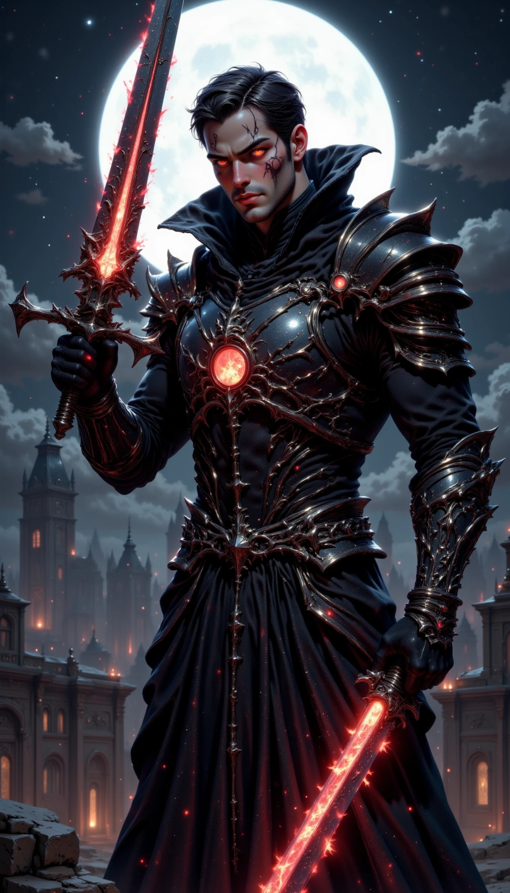 pinkmidnightfantasy,

A stoic man with glowing red eyes and blackened armor, wielding a sword engulfed in shadow flames. His scarred face glows faintly under the eerie light of a full moon.