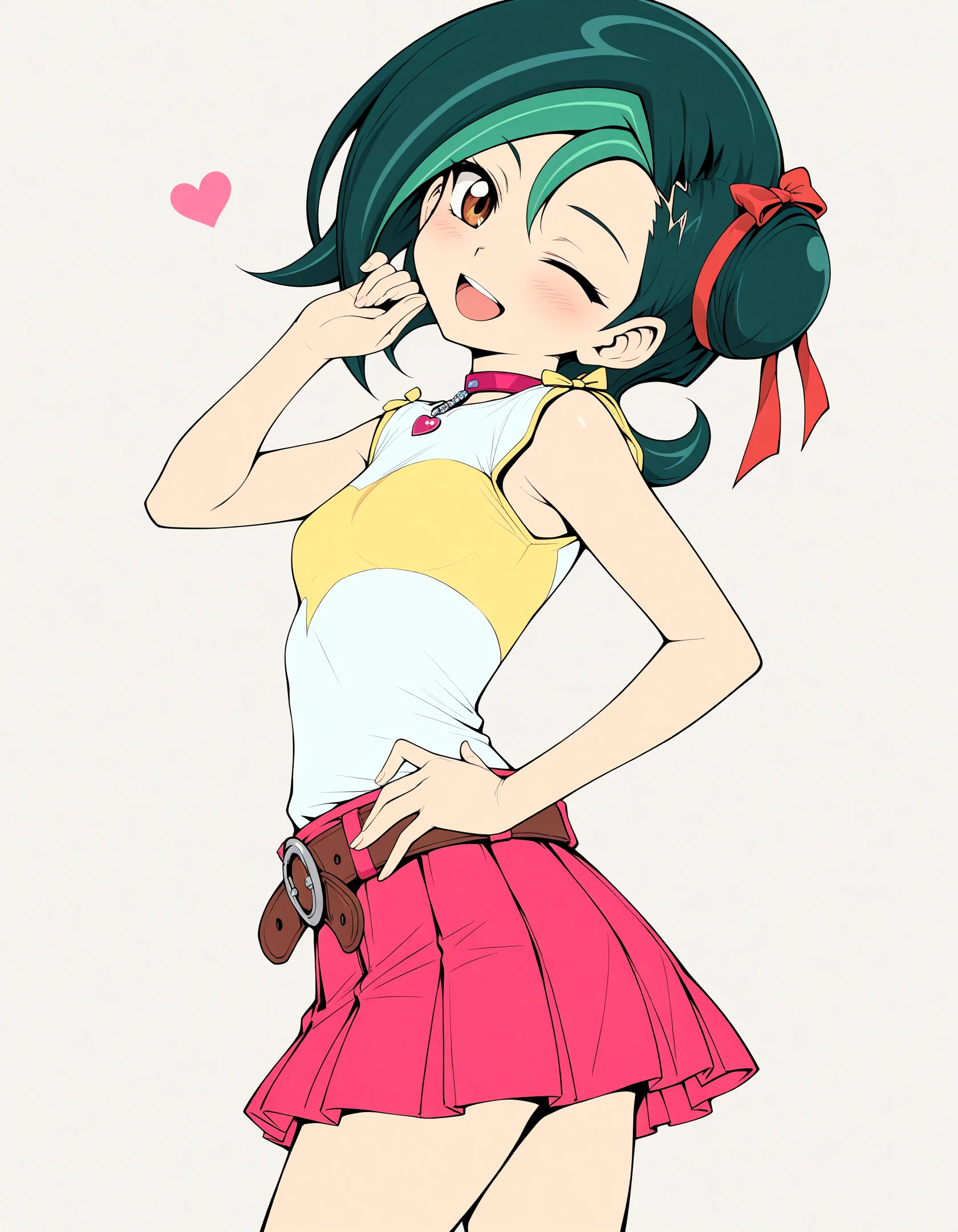 masterpiece, best quality, high resolution, absurdres, newest,1girl,solo,kubo tite \(style\), explicit,anime coloring,flat color,
cute face,cowboy shot,from side,
<lora:MizukiKotori_ill_CS_v01:0.8>,
toricasual,short hair,1girl,green hair,two-tone hair,multicolored hair,hair bun,single hair bun,hair ribbon,brown eyes,pink choker,jewelry,sleeveless shirt,multicolored shirt,pink skirt,short skirt,brown belt,
smile,open mouth,head tilt, one eye closed,
small breasts,
<lora:AntiglazeSerum_rev5:0.6>,simple background, white background,