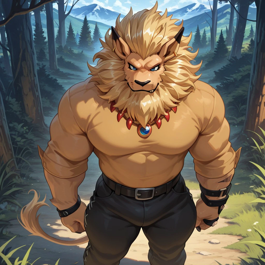 masterpiece, best quality, amazing quality, solo, 1boy, null-ghost, Leomon, necklace, bara, pants, standing, 