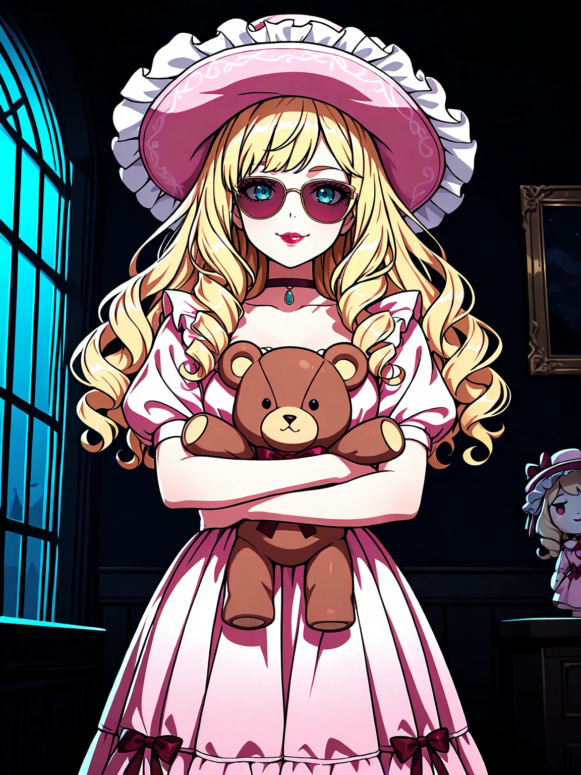 Masterpiece,best quality,1girl,solo,vector art,looking at viewer,smile,puffy lips,lipstick,makeup,eyelashes,double eyelids,choker,ribbon,blonde,sunglasses,indoors,dark (theme),night time,dim light,
edgBisqueDoll, a doll with a pink dress and a hat ,wearing edgBisqueDoll_clothing,edgBisqueDoll_hair,edgBisqueDoll_face,edgBisqueDoll_body, cowboy shot,holding teddy bear,
 <lora:edgBisqueDollILS:1>