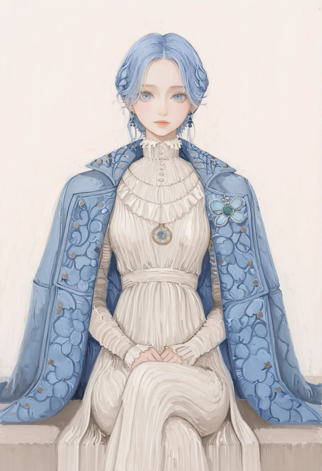 masterpiece, best quality, amazing quality, very aesthetic, absurdres, newest, 1girl, detailed face,
<lora:mon_monmon2133:0.8> high contrast, cinematic lighting, cold color palette, simple background,
<lora:sophia_monad_liesofp_illustr:0.9> s0ph1a_m0nad, blue hair, blue eyes, blue coat, white dress, jewelry, jacket, necklace, earrings, dress, jacket on shoulders,
sitting, crossed legs, looking at viewer,