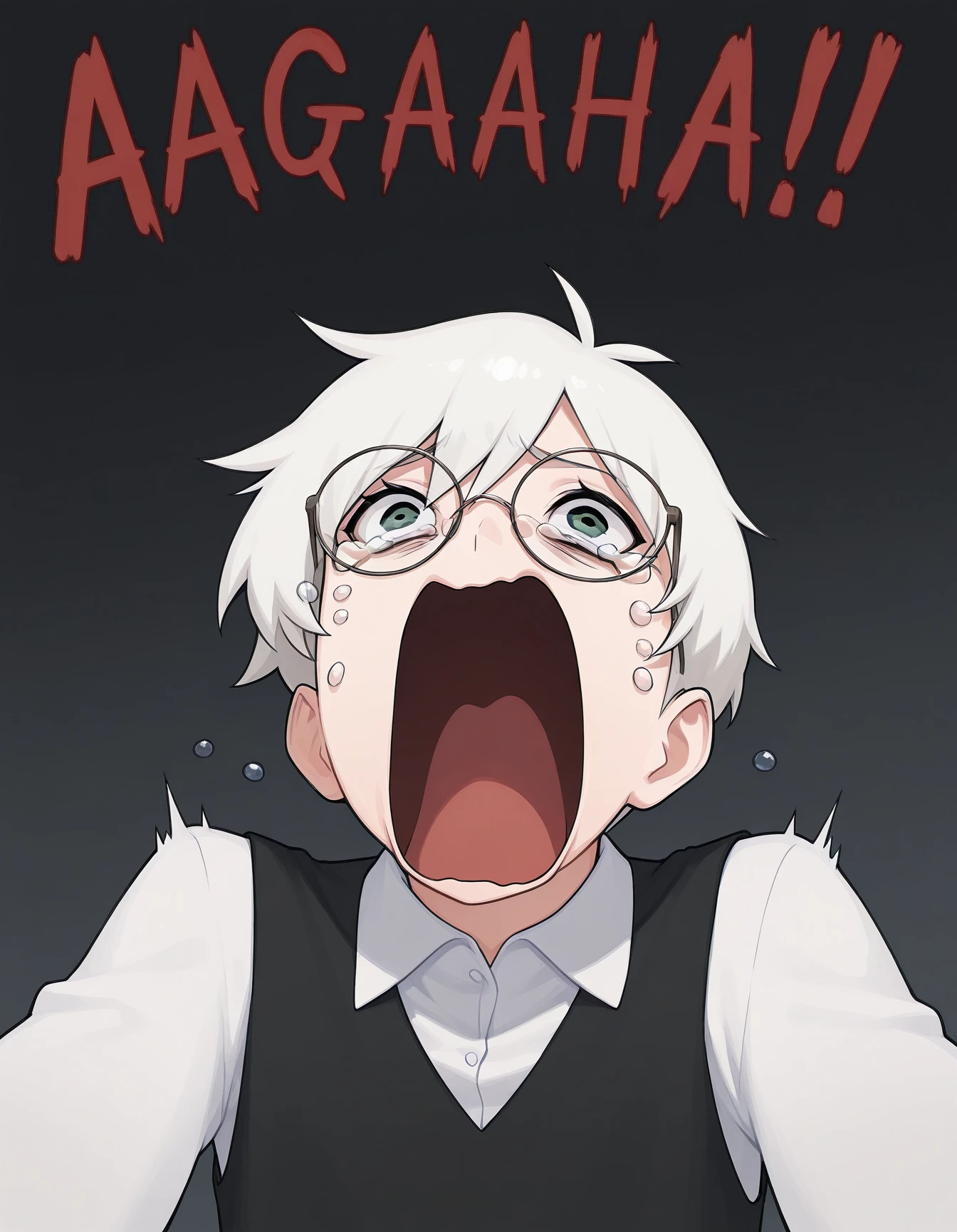 masterpiece, best quality, amazing quality, very aesthetic, high resolution, solo
Anton_Petrov, male, white hair, long sleeves, white shirt, black vest, glasses, black shirt, aquascreaming, screaming, open mouth, crying with eyes open<lora:meme_aquascreaming_illustriousXL:1>
<lora:Anton_Petrov_illustriousXL:0.9>