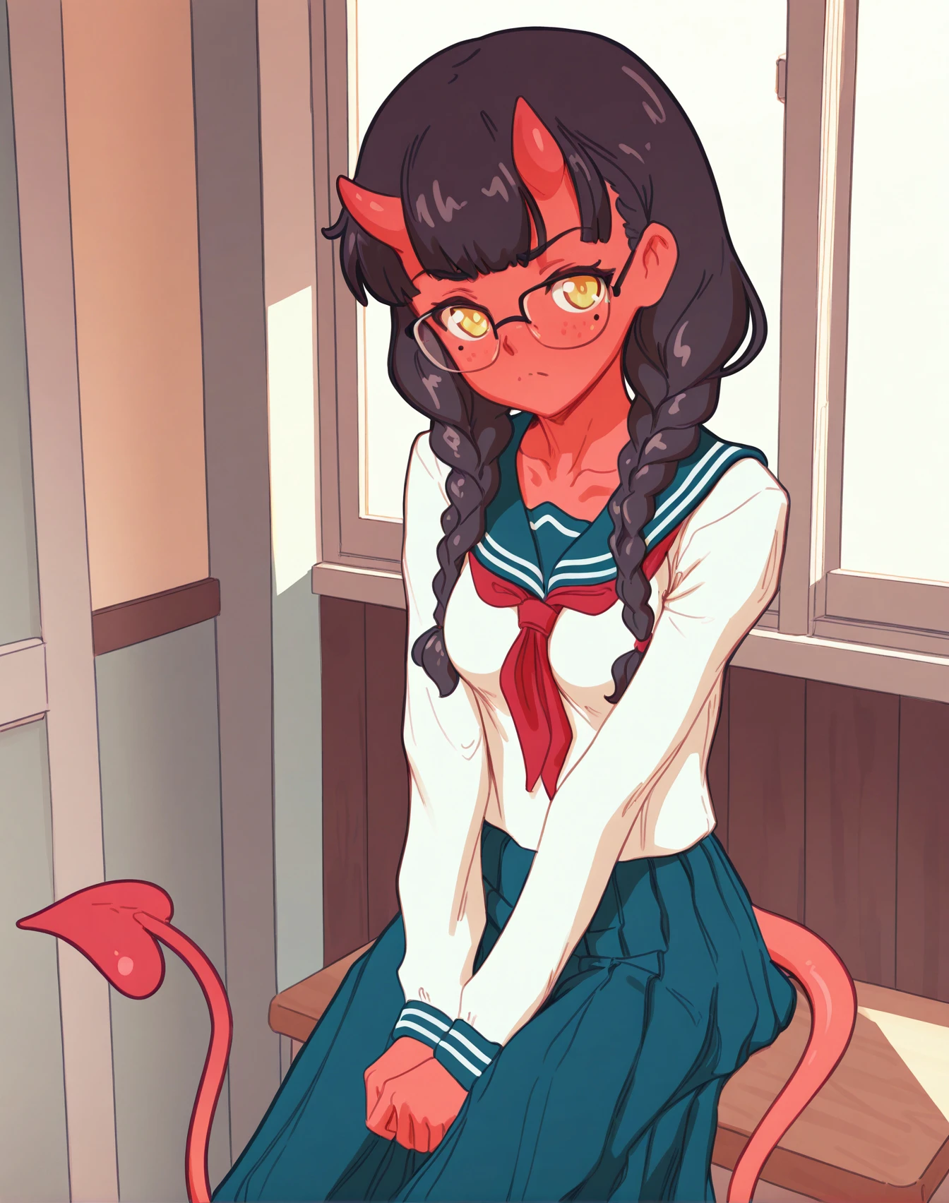 <lora:_butterchalk_NAIXL:1> art by butterchalk, artist:butterchalk, best quality, masterpiece, source_anime, 1girl, solo, long hair, breasts, looking at viewer, skirt, brown hair, black hair, long sleeves, medium breasts, school uniform, collarbone, tail, yellow eyes, braid, pleated skirt, horns, glasses, serafuku, blunt bangs, sailor collar, mole, twin braids, blue skirt, neckerchief, mole under eye, colored skin, frown, demon girl, demon horns, demon tail, freckles, long skirt, v arms, red skin, skin-covered horns