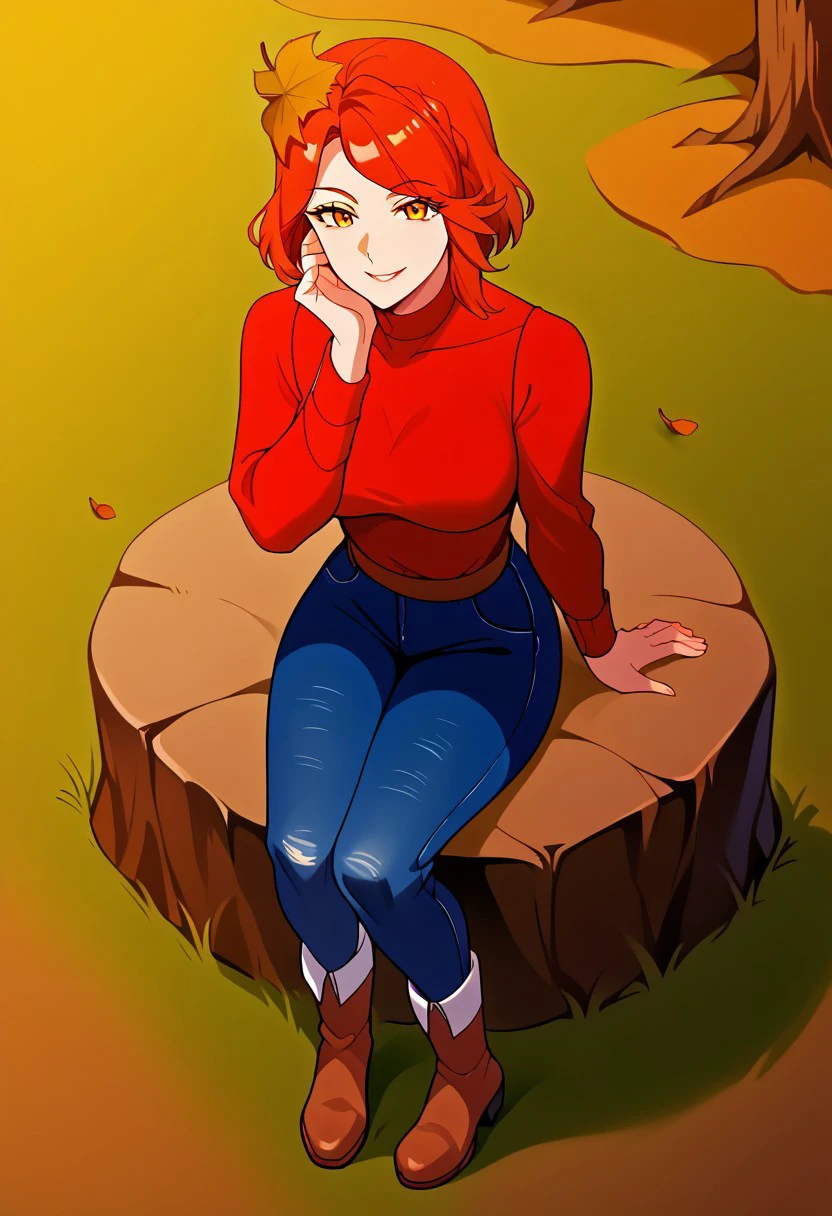 score_9, score_8_up, score_7_up, score_6_up, score_5_up, score_4_up, 1girl, Lucrezia_UM, red hair, amber eyes, dress, fur hat, ankle boots, boots, forest, warm illumination, autumn leaves. cinematic lighting, vivid colors, smiling, sitting on a rock, hand on own face, from above, front view,  BREAK
1 boy, short brown hair, red sweater, jeans, black boots, 
freebos_smoothiestyle