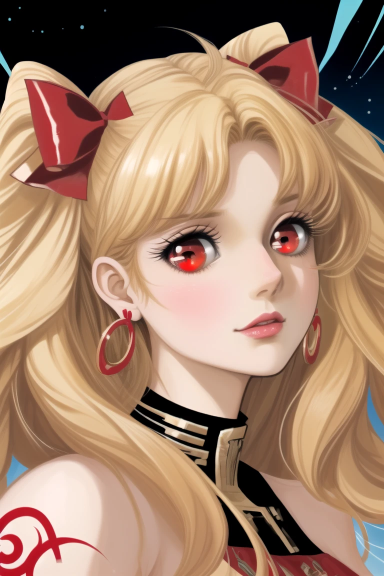 ereshkigal, blonde hair, earrings, hair bow, hoop earrings, jewelry, long hair, parted bangs, (red eyes:1.5), two side up