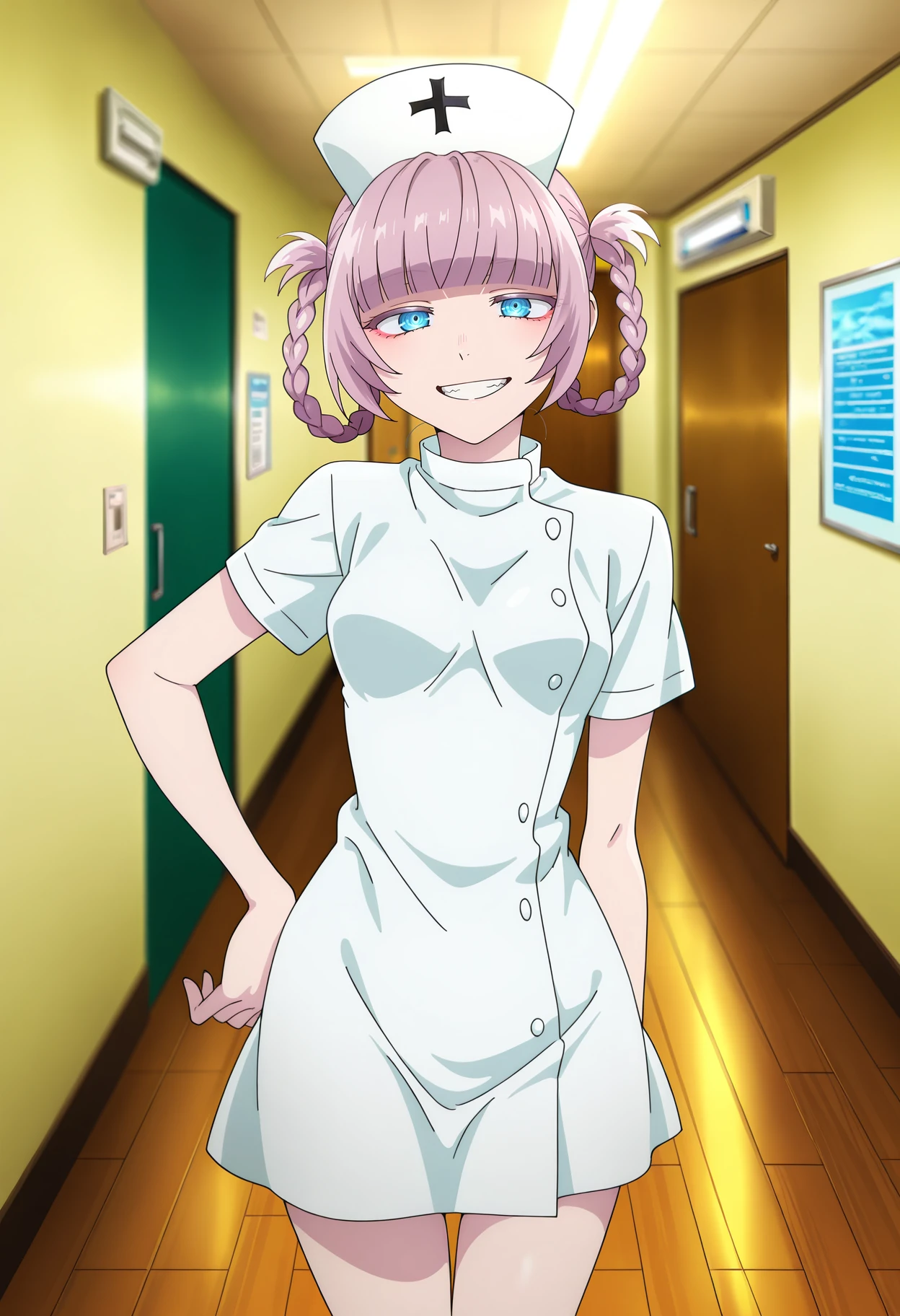 anime screencap, masterpiece, best quality,
<lora:YofukashiNoUta_NanakusaNazuna_IlluXL:0.9>,
1girl, solo, grin, smile, open mouth,
pink hair, short hair, braid, blunt bangs, hair rings, blue eyes,
NanakusaNurse, nurse, white dress, nurse cap,
standing, hand on own hip, looking at viewer, thigh gap, cowboy shot,
blurry background, photo background, indoors, wooden floor, futon