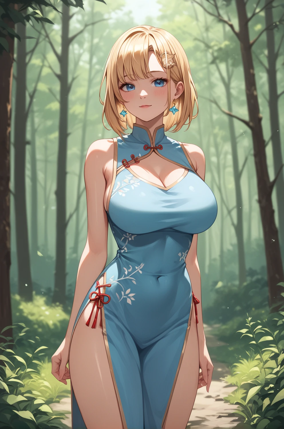 score_9,score_8_up,score_7_up,score_6_up,score_5_up,score_4_up, masterpiece,best quality,amazing quality, female, chinese dress, forest, Trees, (large breasts:1.2), solo, 1girl, very tall,Amelia Watson_\(Hololive\),Light-blonde hair,Light Blue Eyes