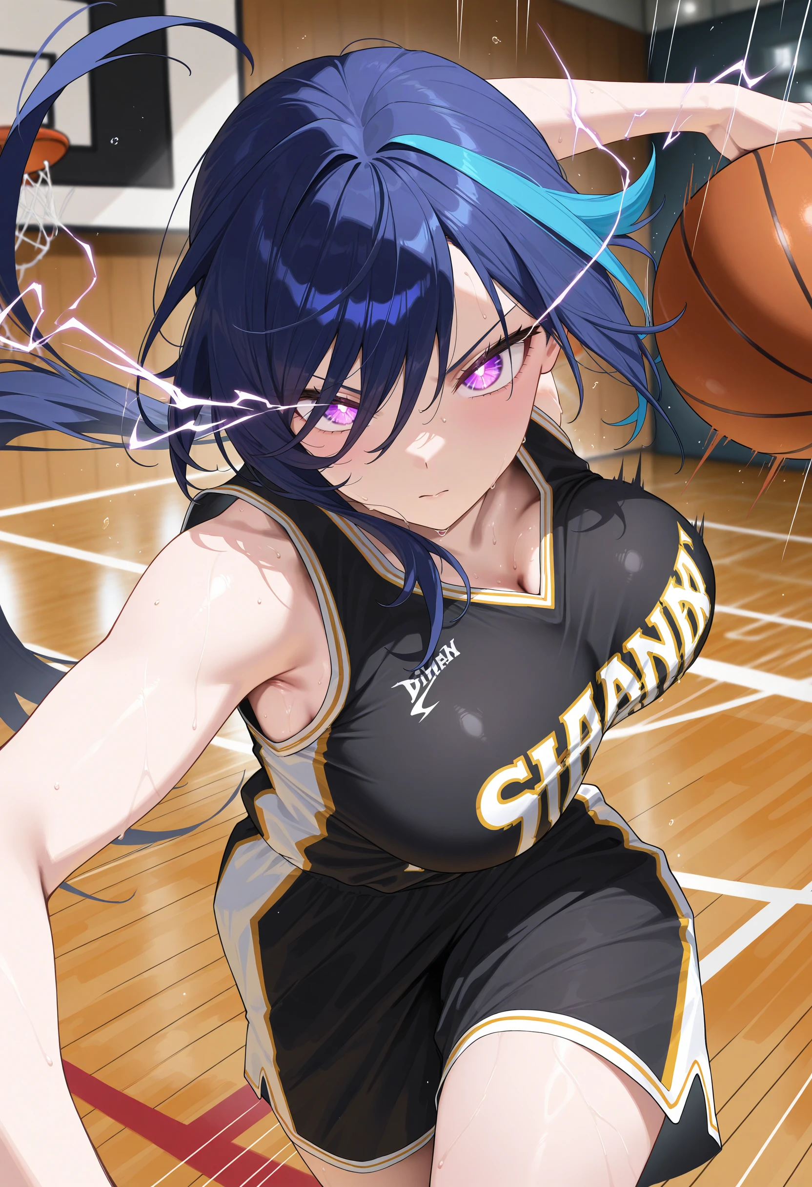 masterpiece, best quality, newest, absurdres, highres, 1girl, clrndrnd, purple eyes, dark blue hair, streaked hair, low ponytail, large breasts, <lora:Clorinde_illusXLNoobAI_Incrs_v1-000012:1>, basketball uniform, black uniform, motion lines, motion blur, basketball, holding basketball, electricity, eye trail,