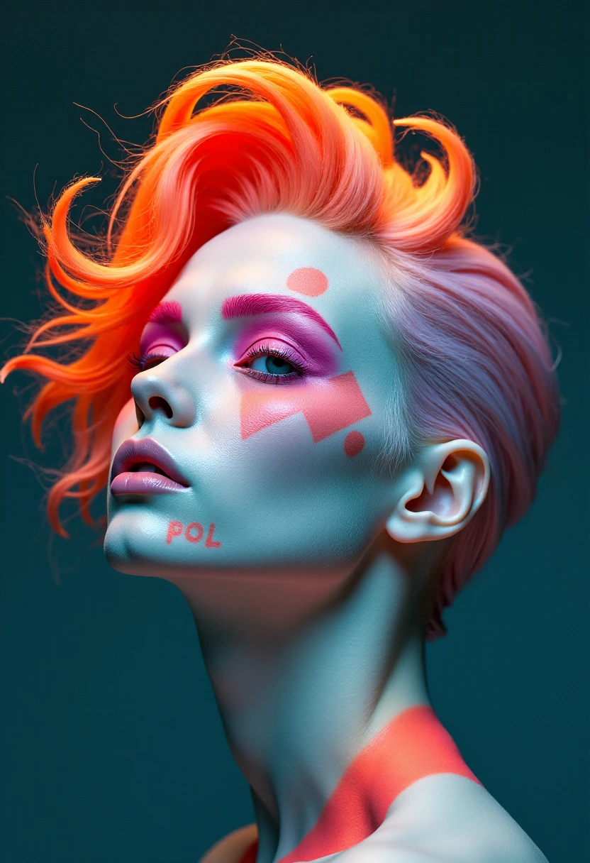 A portrait of a pale person with geometrical face paint and special neon hair. w3p0rtra1t. <lora:Weird_Portraits-000017:1>