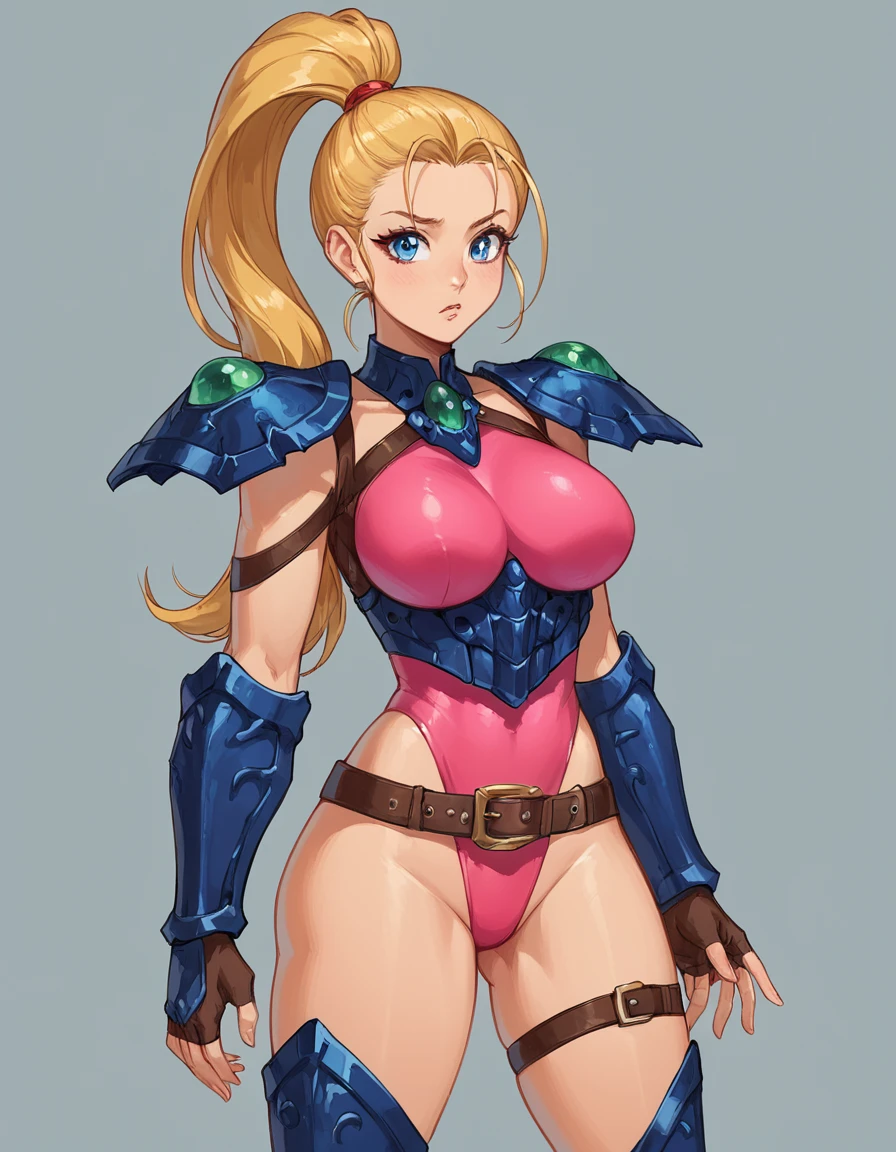 score_9, score_8_up, score_7_up, zPDXL, masterpiece, anime, <lora:sn0wStyle:1> <lora:HKHorrorXL:1> 1girl, solo, blonde hair, leotard, shoulder armor, breasts, blue eyes, armor, pauldrons, ponytail, long hair, shoulder pads, large breasts, fingerless gloves, pink leotard, belt, gloves, highleg, thighs, greaves, erel plowse <lora:Erel_Plowse_Evil_Zone:0.7>