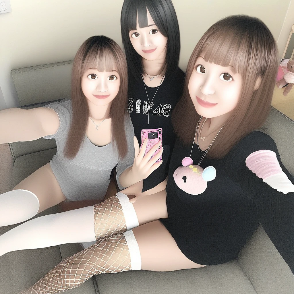 white thighhighs, selfie, stuffed animal, indoors, couch, necklace, fishnets, black hair, brown hair