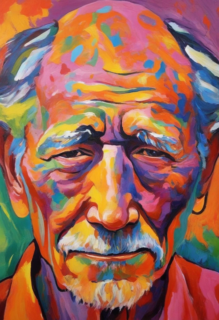 FauvismFacilitator,  Depict a lively portrait of an old man with a weathered face, using Fauvist colors like purples, yellows, and greens for his skin and hair. His wrinkles are highlighted in bright strokes of pink and orange, adding character and vibrancy. His expression is wise yet playful, with a background of swirling patterns in electric blues and reds that reflect his life experiences and colorful personality.