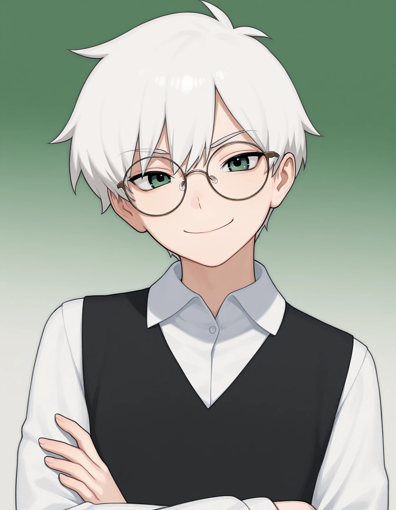 masterpiece, best quality, amazing quality, very aesthetic, high resolution, solo
Anton_Petrov, male, green eyes, white hair, long sleeves, white shirt, black vest, glasses, black shirt, gradient background, looking at viewer, crossed arms, smile
<lora:Anton_Petrov_illustriousXL:0.9>