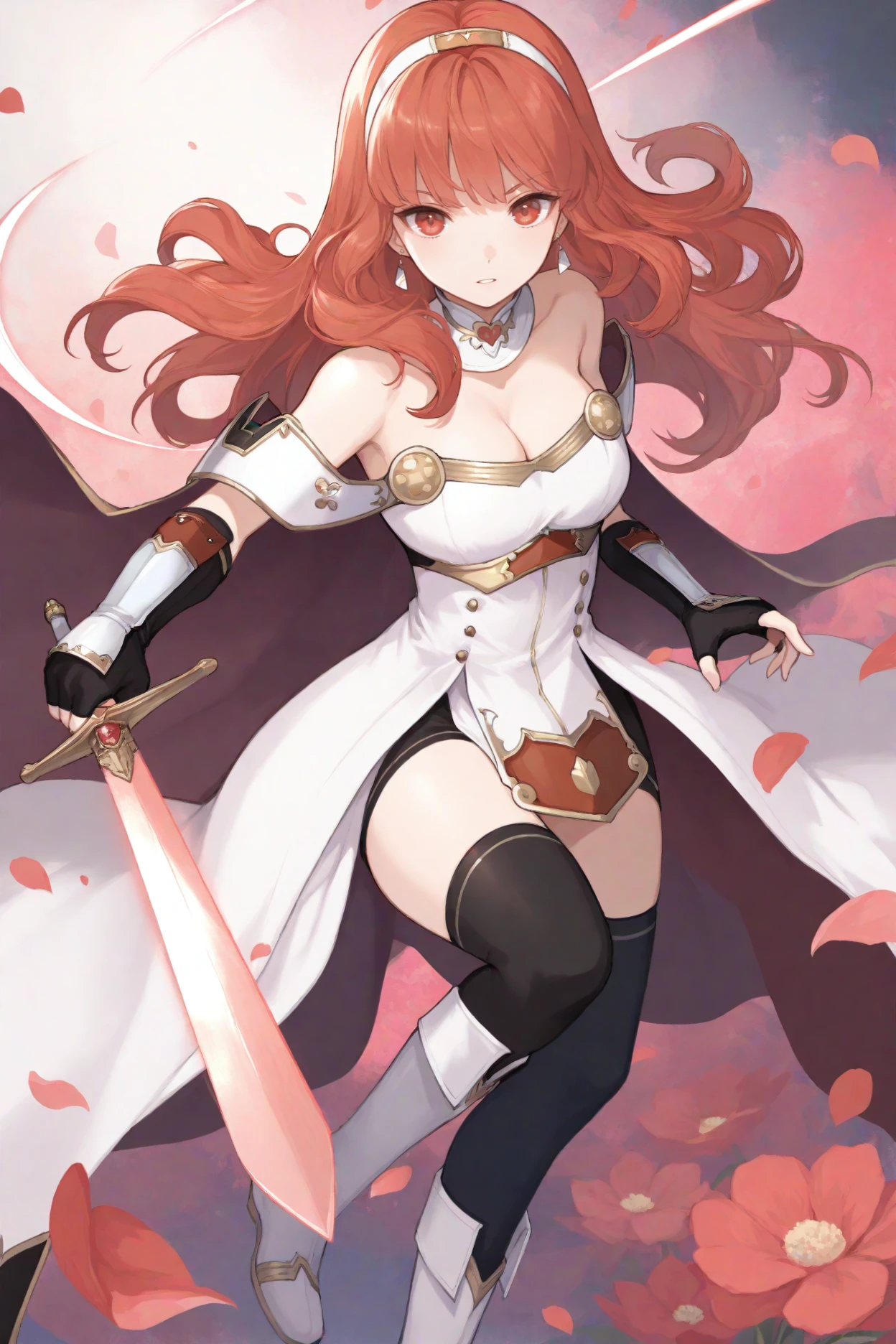 masterpiece, best quality, 1girl, solo, <lora:fecelica-illu-nvwls-v1:1> feCeli, red hair, red eyes, hairband, earrings, cape, detached collar, white dress, cleavage, bare shoulders, arm guards, fingerless gloves, black thighhighs, white boots, holding sword, flower petals, slashing, attacking, abstract background, full body, incoming attack, looking at viewer, sword