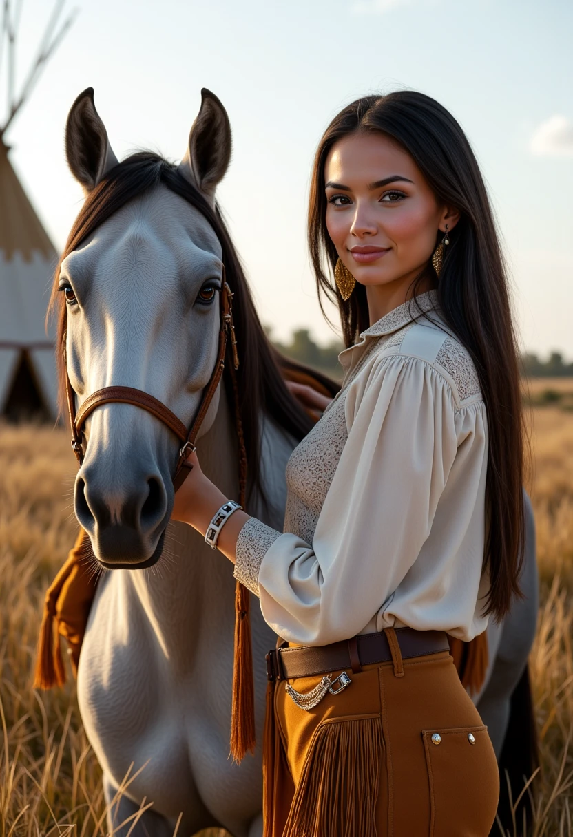 full body view, She is approximately 18 years old. Hyperrealism, she is looking at the camera, (dynamic angles), profile headshots of a beautiful, stunning unique female character. she has braid dark hair. her eyes are filled with joy and excitement, extravagant eyelashes. a photo of Maid3n, she is wearing a white frilly shirt. and buckskin pants. The woman is posing confidently. a tipi and tall grass in the background. She has a slight smile on her face and is looking directly at the camera. making this image a masterpiece of photography and digital art. realistic. making this image a masterpiece of photography and digital art. Style: realistic hyper-detailed rendering, 32k UHD, expressive eyes, punk, graphic design, girl's face, pretty and cute, gleaming lips, telling a tale of adventure. Exuding confidence and serenity. The overall mood of the image is happy and relaxed,detailed skin texture,(blush:0.2),(goosebumps:0.3),subsurface scattering,whimsical,Detailed hand, Perfect hand. Perfection style. is posing on a grey horse. she is wearing brown leather boots. She is wearing a white shirt and brown buckskin pants. The scene is set outdoors, there is a tipi visible in the background. The photo is taken in a full body shot, focusing on Maid3n and her horse.. making this image a masterpiece of photography and digital art. realistic. making this image a masterpiece of photography and digital art. Style: realistic hyper-detailed rendering, 32k UHD, expressive eyes, punk, graphic design, girl's face, pretty and cute, gleaming lips, telling a tale of adventure. Exuding confidence and serenity. The overall mood of the image is happy and relaxed,detailed skin texture,(blush:0.2),(goosebumps:0.3),subsurface scattering,whimsical,Detailed hand, Perfect hand. Perfection style.