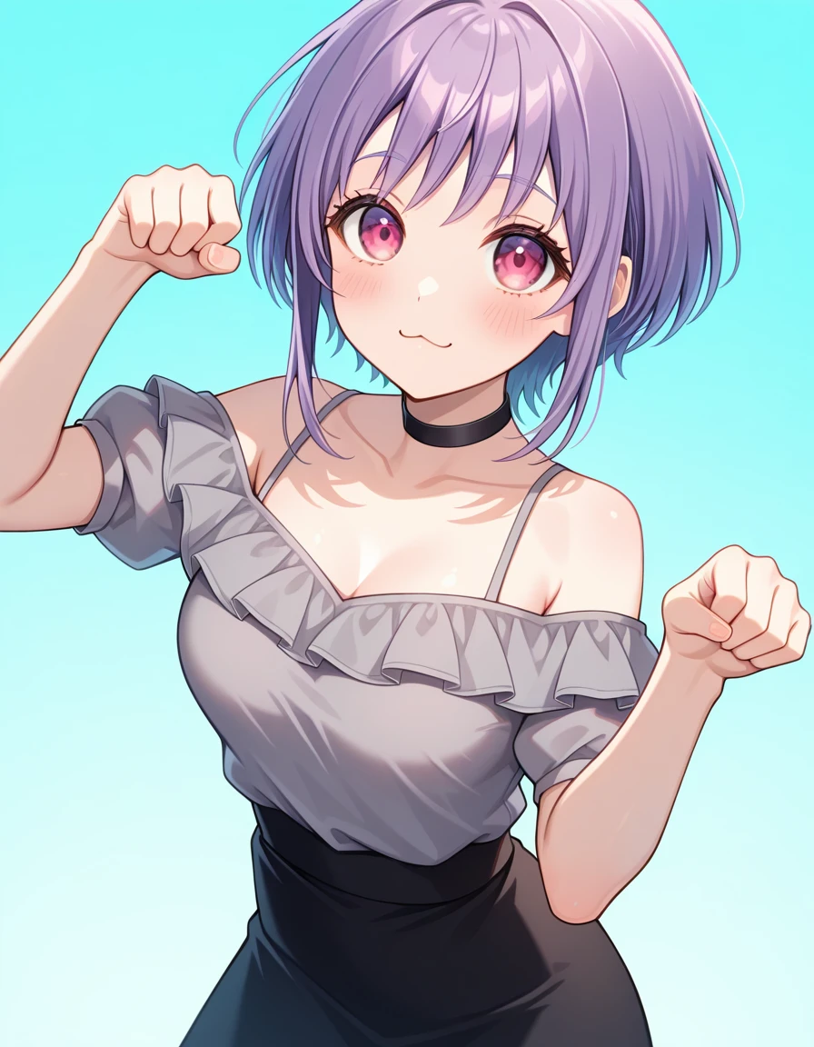 <lora:AveMujica_noobXL:1>, 1girl, solo, cowboy shot, looking at viewer, yuutenji nyamu, purple hair, simple background, aqua background, gradient background, standing, breasts, blush, black choker, bare shoulders, black skirt, short sleeves, off-shoulder shirt, grey shirt, paw pose, :3,, very awa, masterpiece, best quality, amazing quality, highres, absurdres, newest